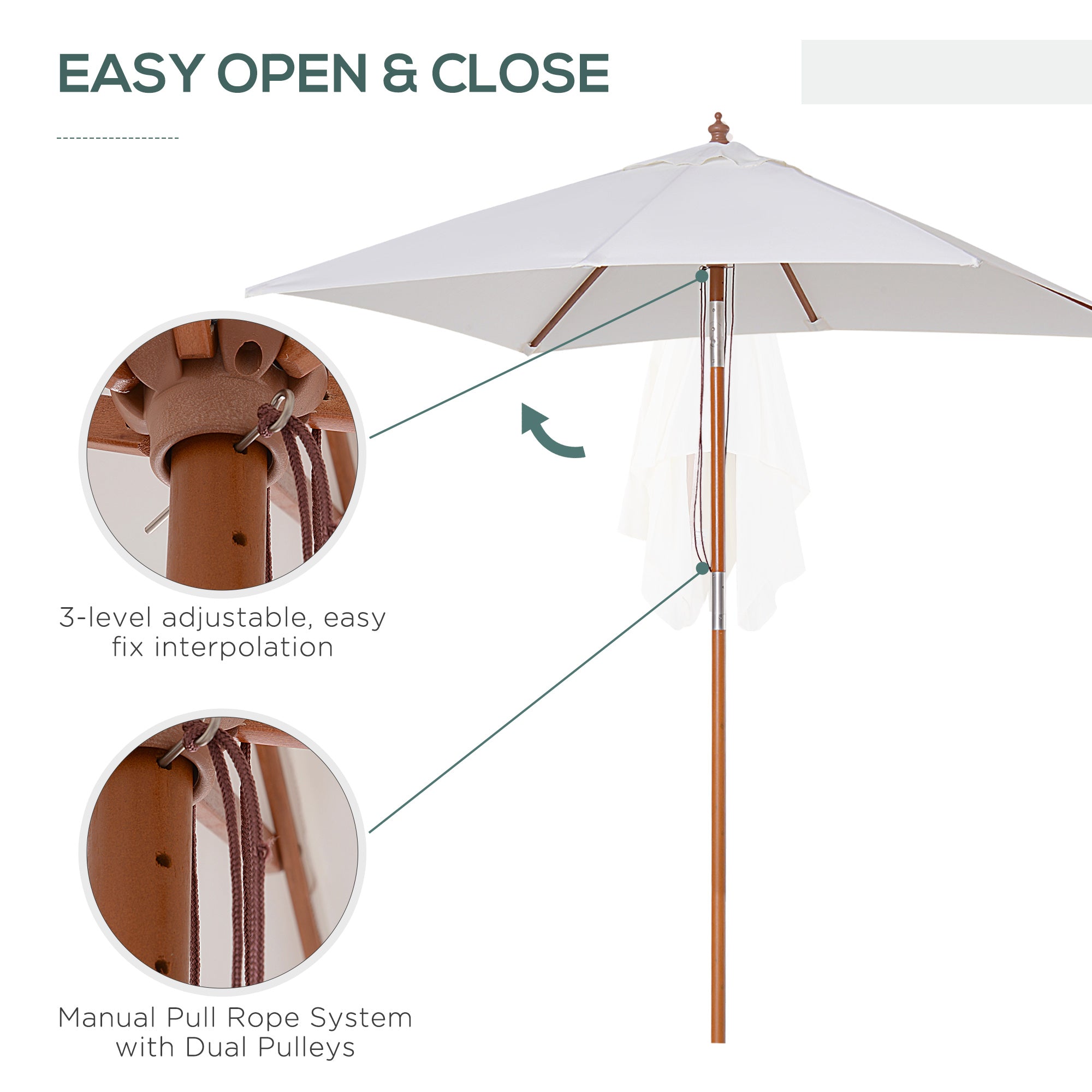Outsunny 6.6x5ft  Fir Wooden Patio Umbrella Square Market Parasol Tilt Mechanism 6 Ribs Garden Sunshade, Cream White