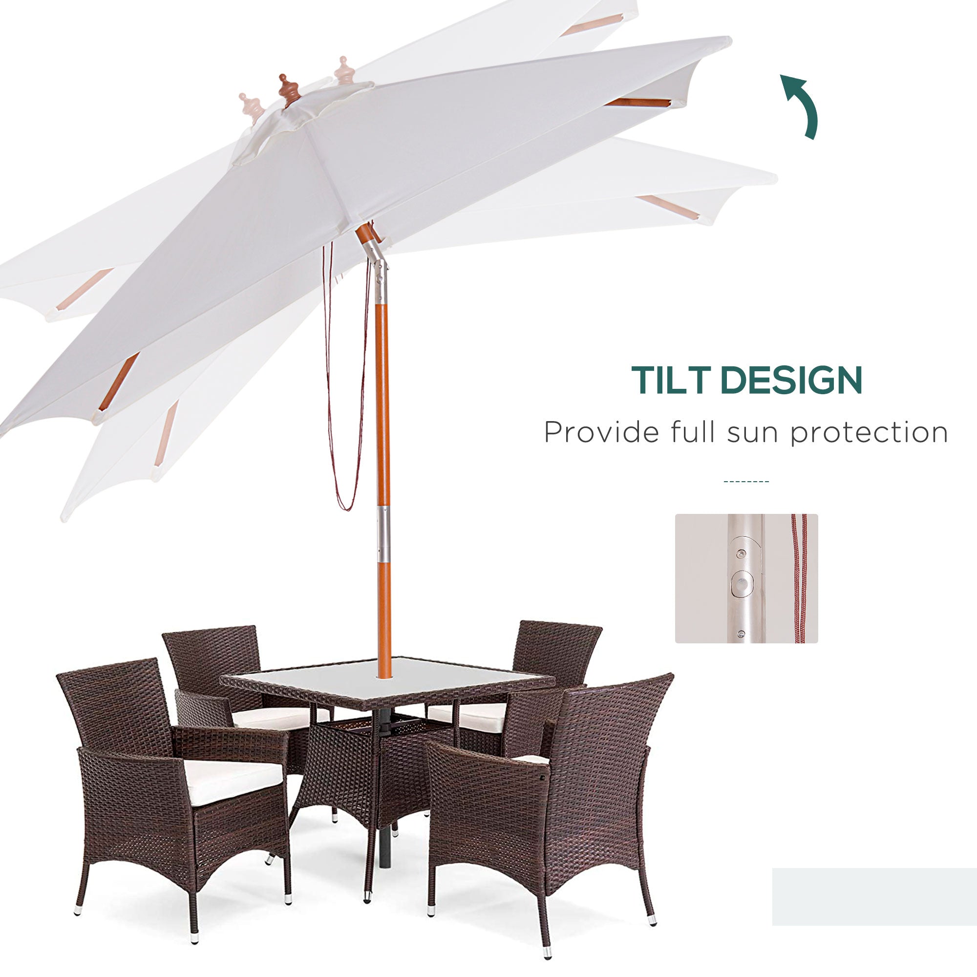 Outsunny 6.6x5ft  Fir Wooden Patio Umbrella Square Market Parasol Tilt Mechanism 6 Ribs Garden Sunshade, Cream White