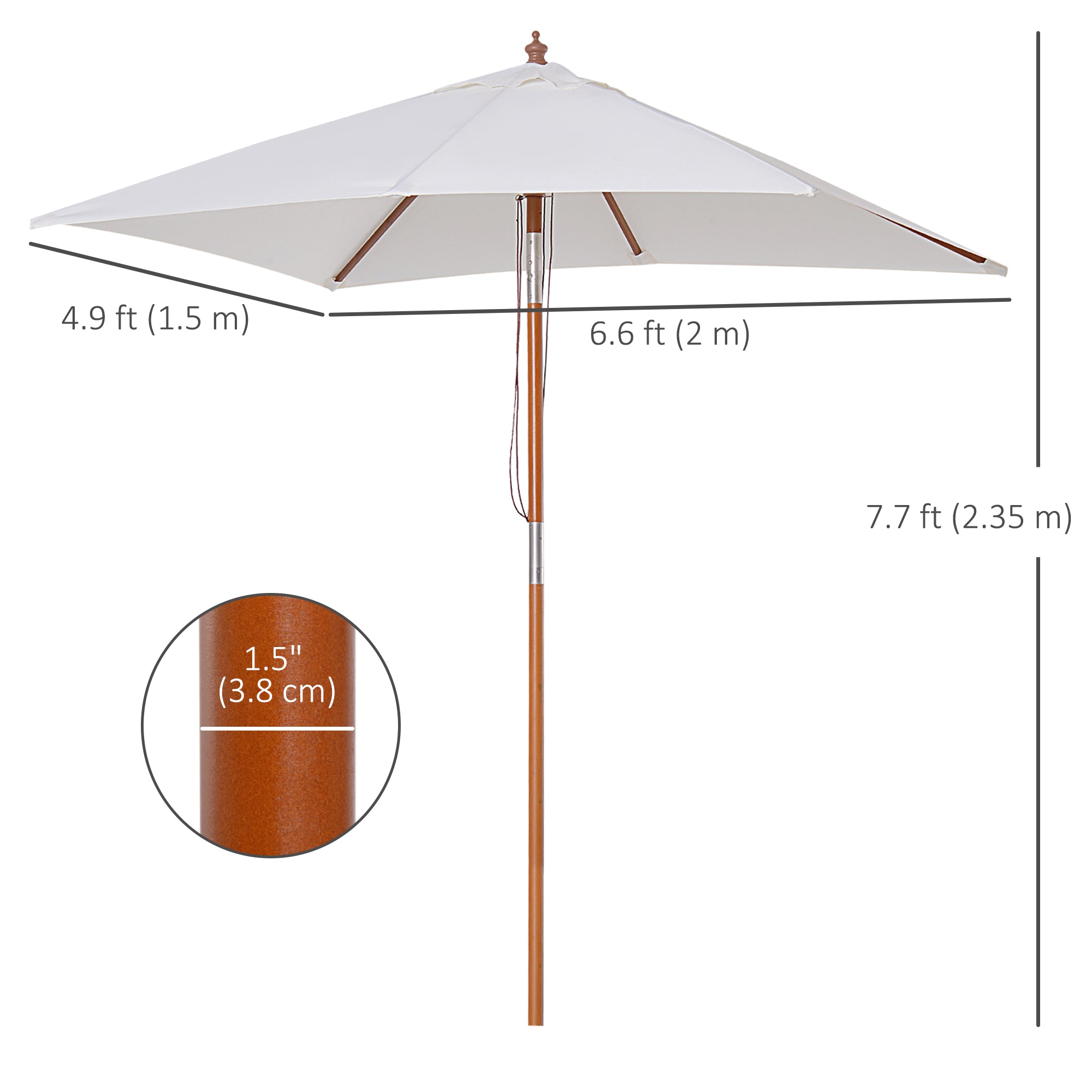 Outsunny 6.6x5ft  Fir Wooden Patio Umbrella Square Market Parasol Tilt Mechanism 6 Ribs Garden Sunshade, Cream White