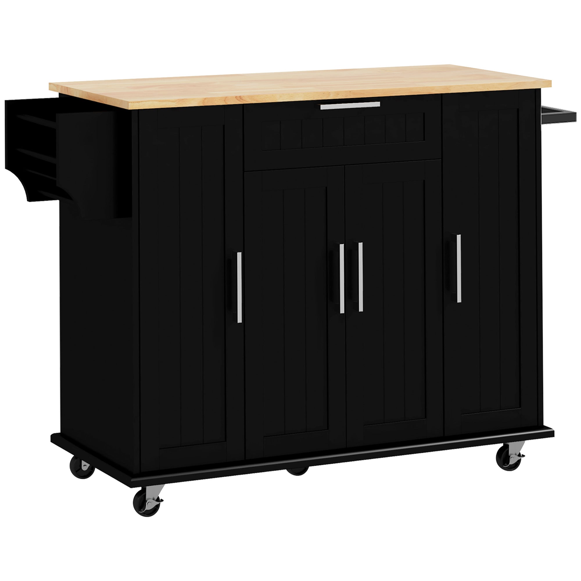 HOMCOM Kitchen Island with Storage, Rolling Kitchen Cart with Rubberwood Top, Drawer, Spice Rack, Towel Rack, Storage Cabinet with Inner Adjustable Shelves, Black