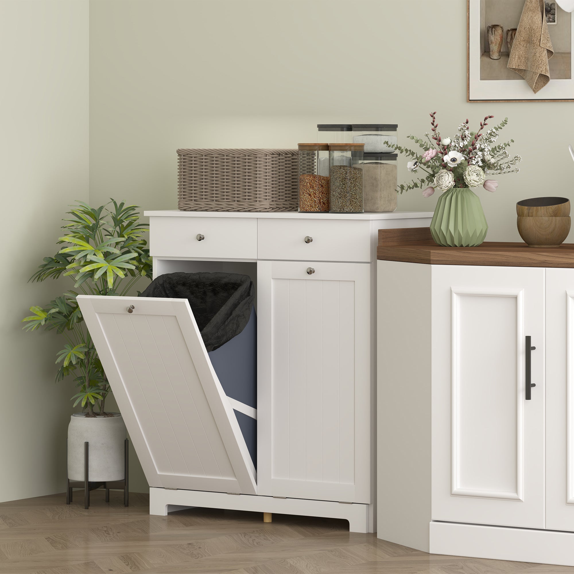HOMCOM Laundry Cabinet, Tilt Out Double Laundry Hamper with 2 Removable Baskets and 2 Drawers, Bathroom Hamper Cabinet with 2 Beadboard Doors, White