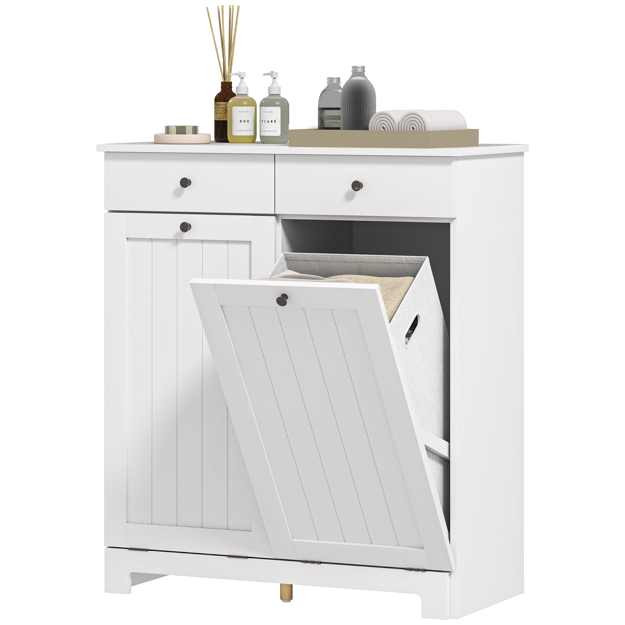 HOMCOM Laundry Cabinet, Tilt Out Double Laundry Hamper with 2 Removable Baskets and 2 Drawers, Bathroom Hamper Cabinet with 2 Beadboard Doors, White