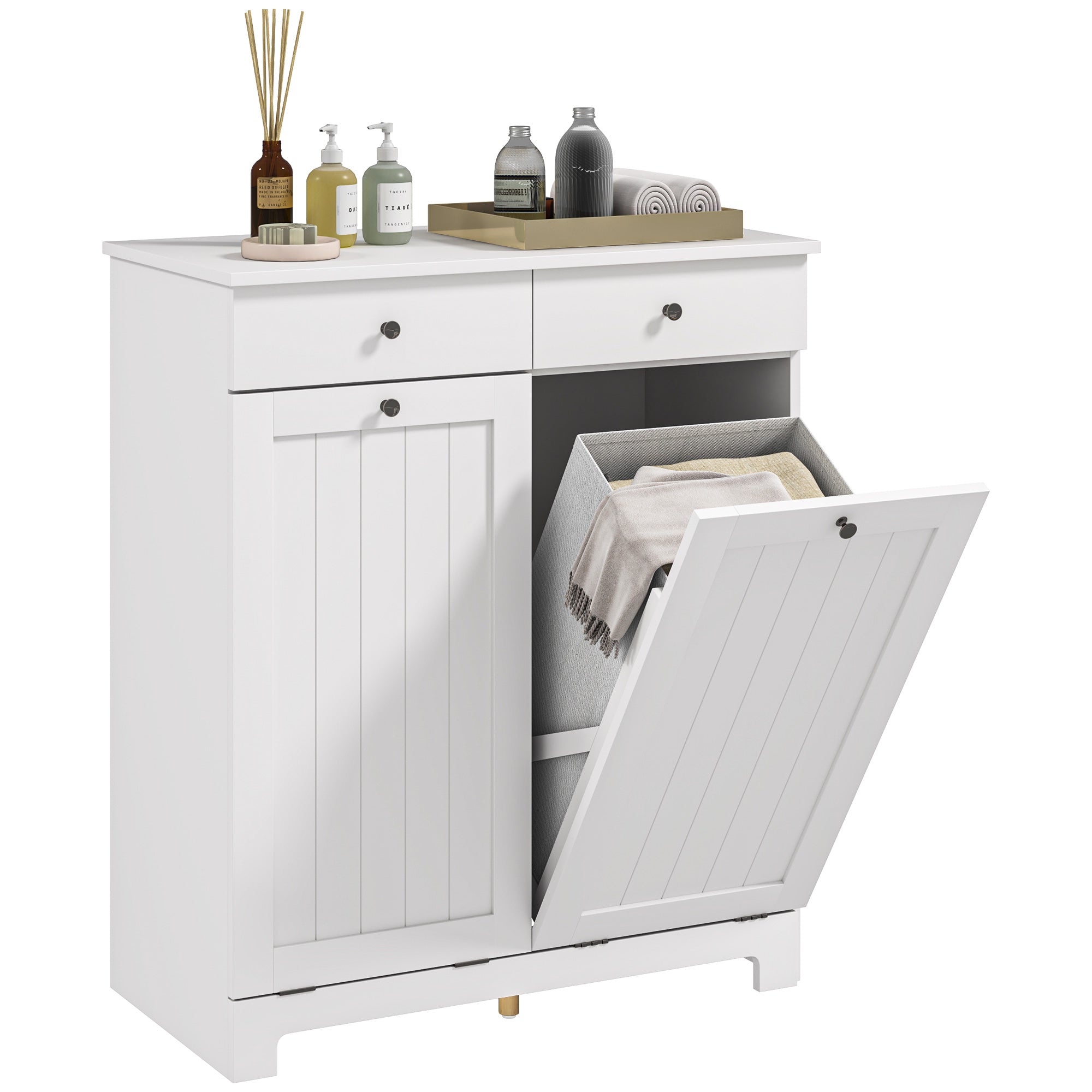 HOMCOM Laundry Cabinet, Tilt Out Double Laundry Hamper with 2 Removable Baskets and 2 Drawers, Bathroom Hamper Cabinet with 2 Beadboard Doors, White