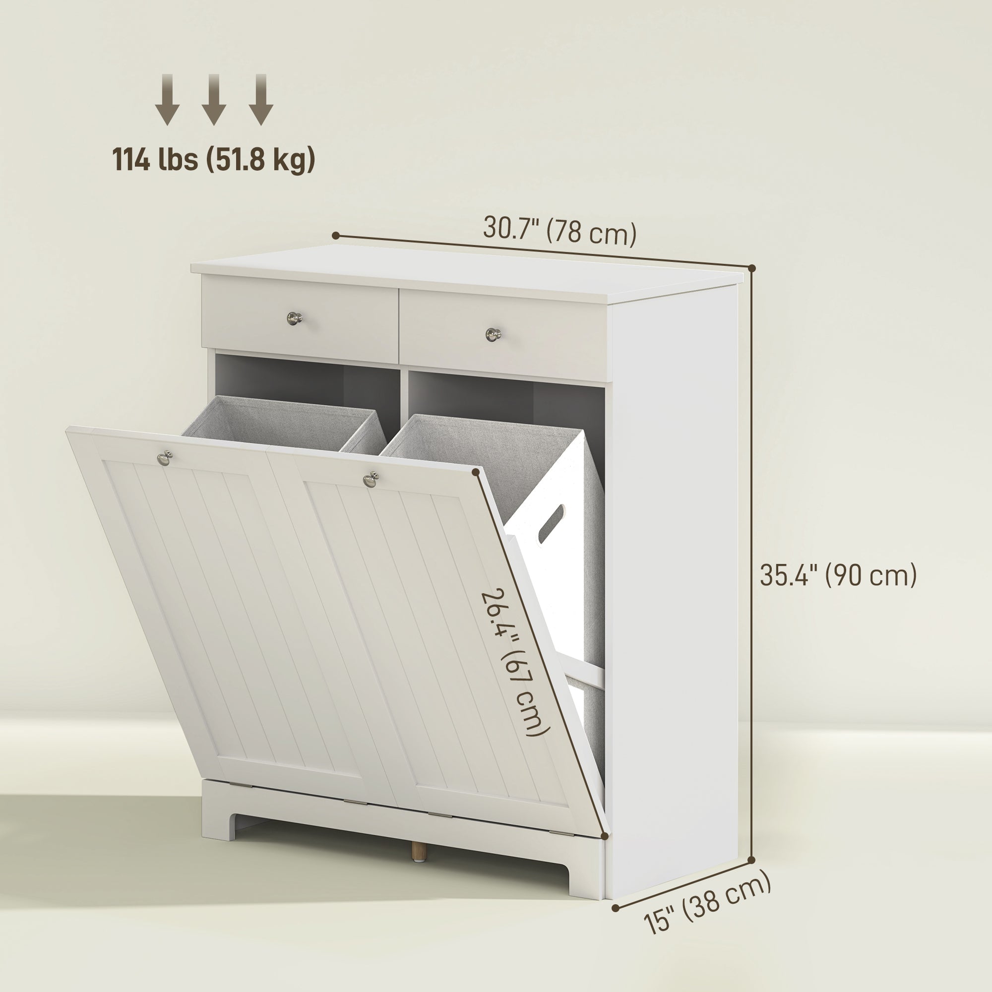 HOMCOM Laundry Cabinet, Tilt Out Double Laundry Hamper with 2 Removable Baskets and 2 Drawers, Bathroom Hamper Cabinet with 2 Beadboard Doors, White