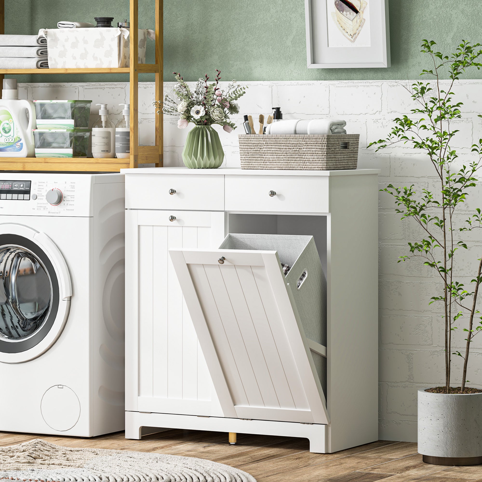 HOMCOM Laundry Cabinet, Tilt Out Double Laundry Hamper with 2 Removable Baskets and 2 Drawers, Bathroom Hamper Cabinet with 2 Beadboard Doors, White