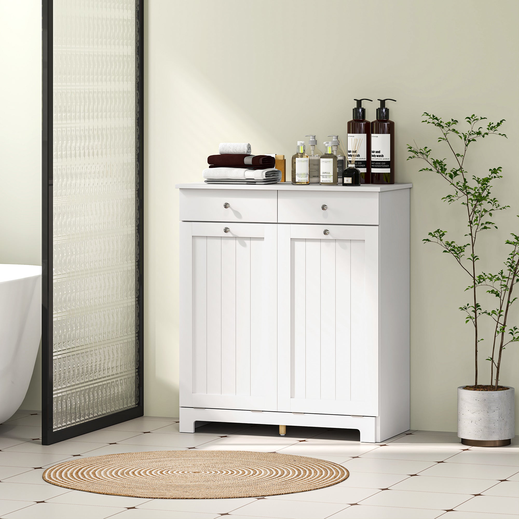 HOMCOM Laundry Cabinet, Tilt Out Double Laundry Hamper with 2 Removable Baskets and 2 Drawers, Bathroom Hamper Cabinet with 2 Beadboard Doors, White