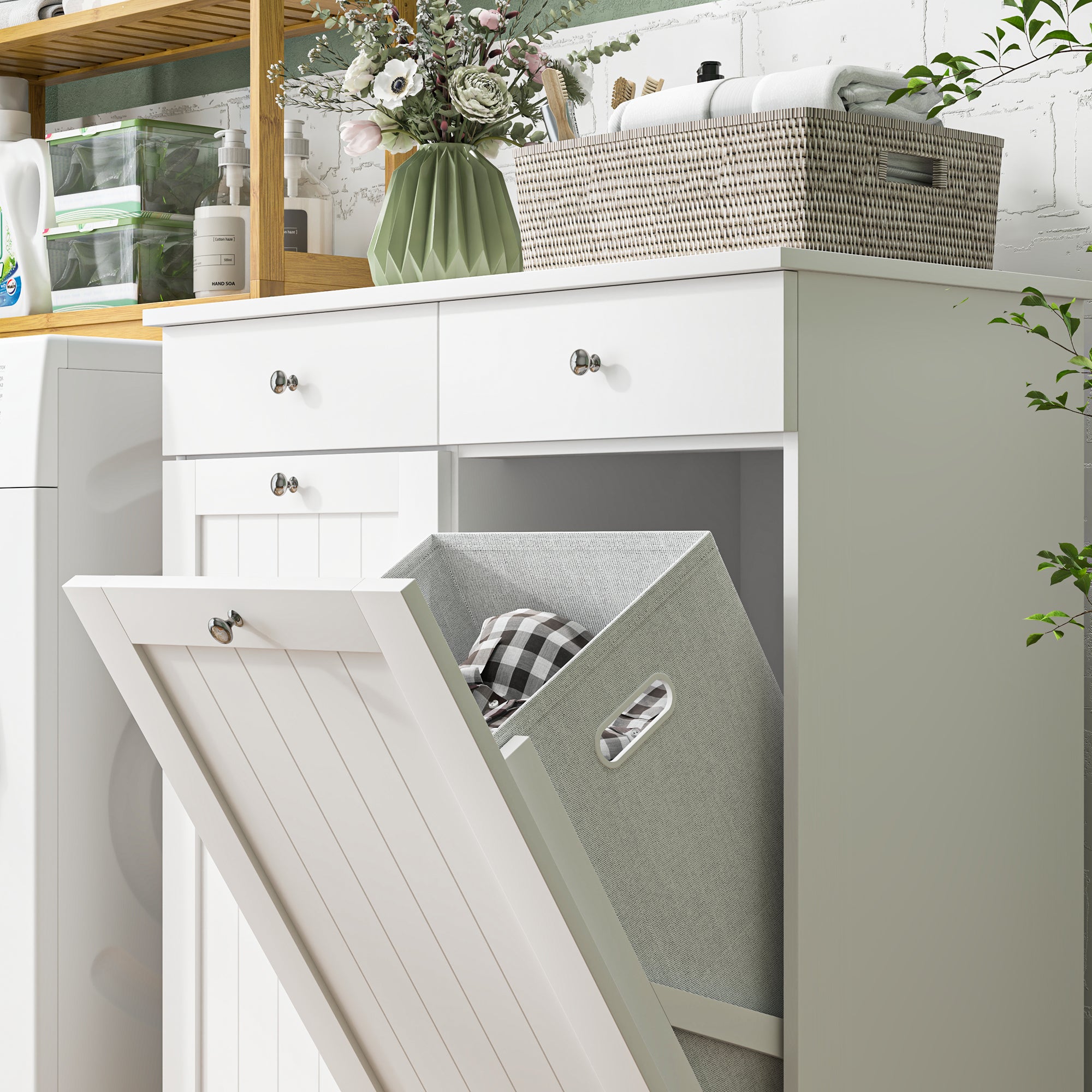 HOMCOM Laundry Cabinet, Tilt Out Double Laundry Hamper with 2 Removable Baskets and 2 Drawers, Bathroom Hamper Cabinet with 2 Beadboard Doors, White
