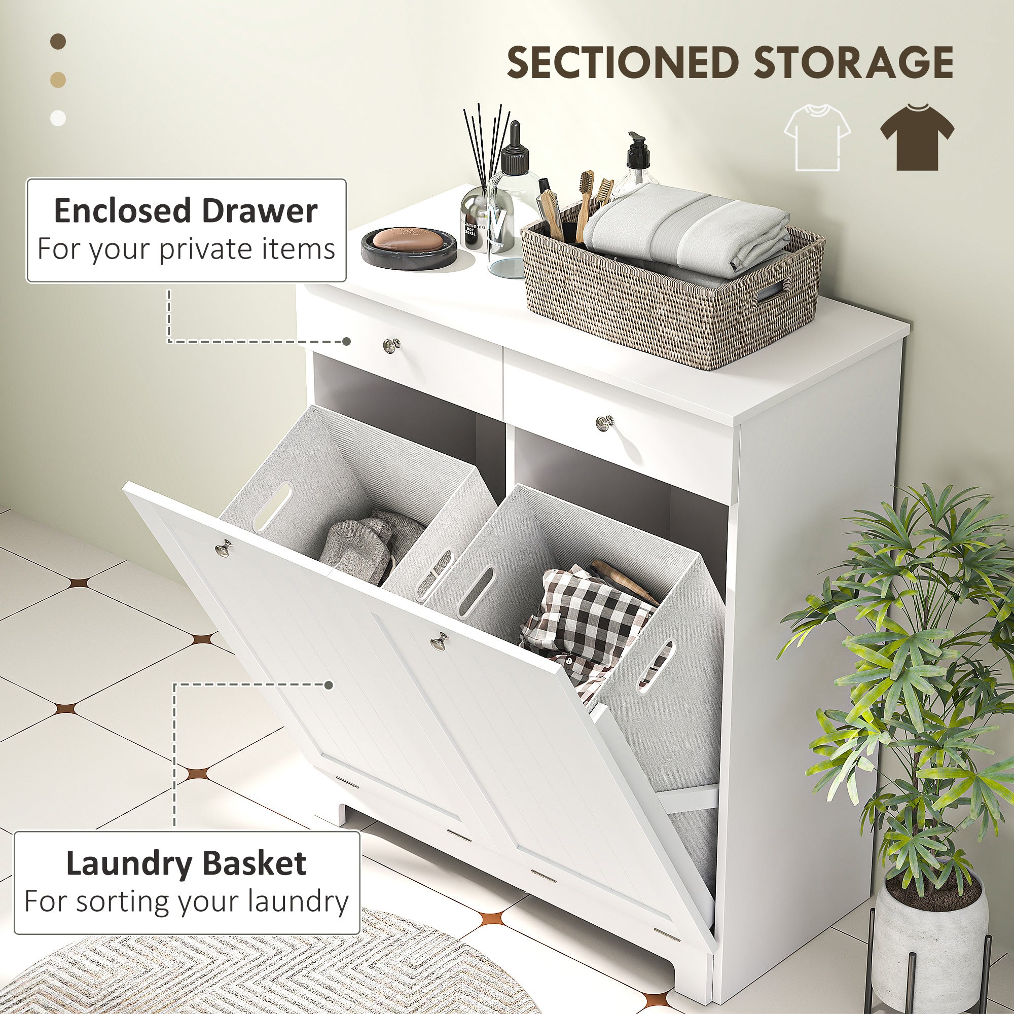 HOMCOM Laundry Cabinet, Tilt Out Double Laundry Hamper with 2 Removable Baskets and 2 Drawers, Bathroom Hamper Cabinet with 2 Beadboard Doors, White