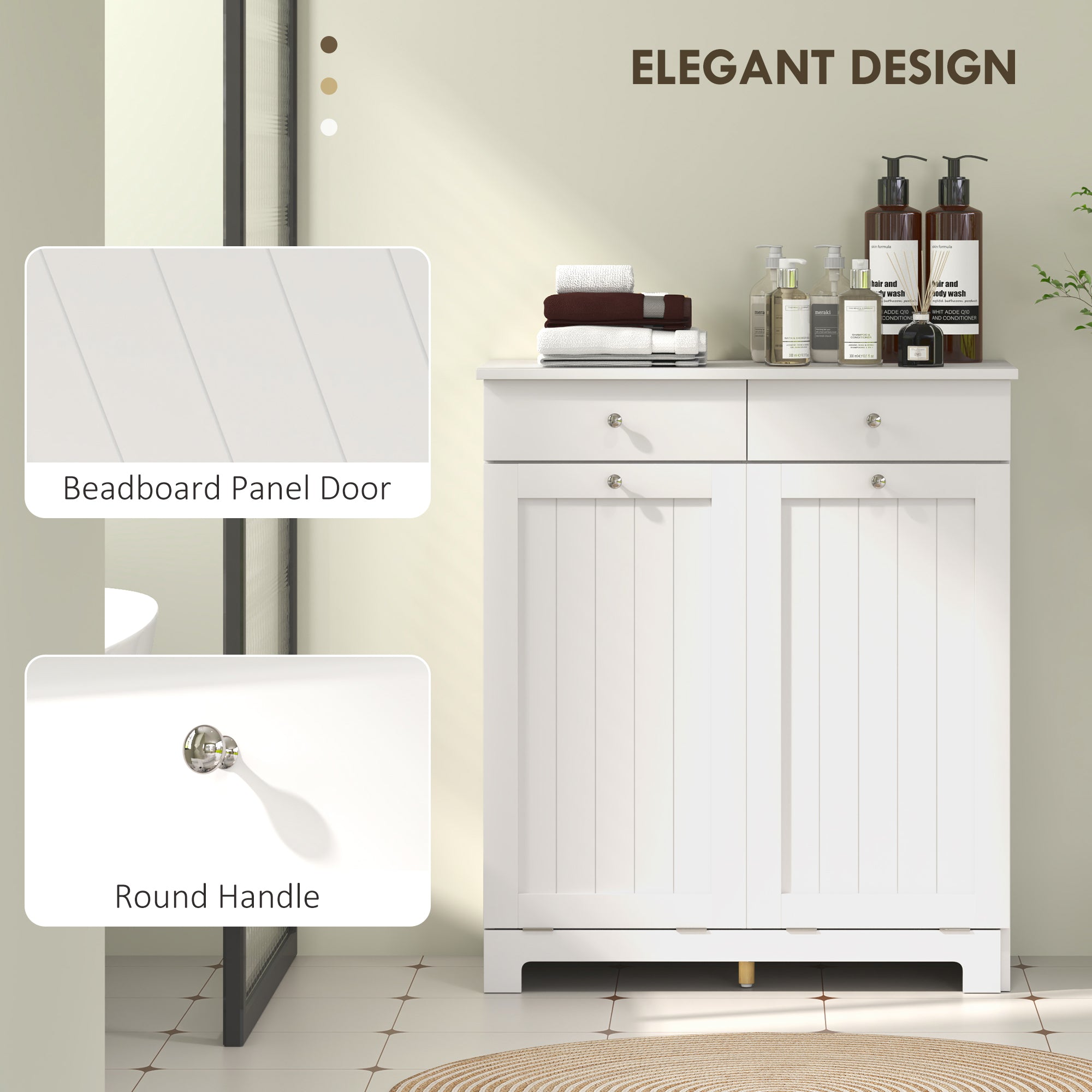 HOMCOM Laundry Cabinet, Tilt Out Double Laundry Hamper with 2 Removable Baskets and 2 Drawers, Bathroom Hamper Cabinet with 2 Beadboard Doors, White