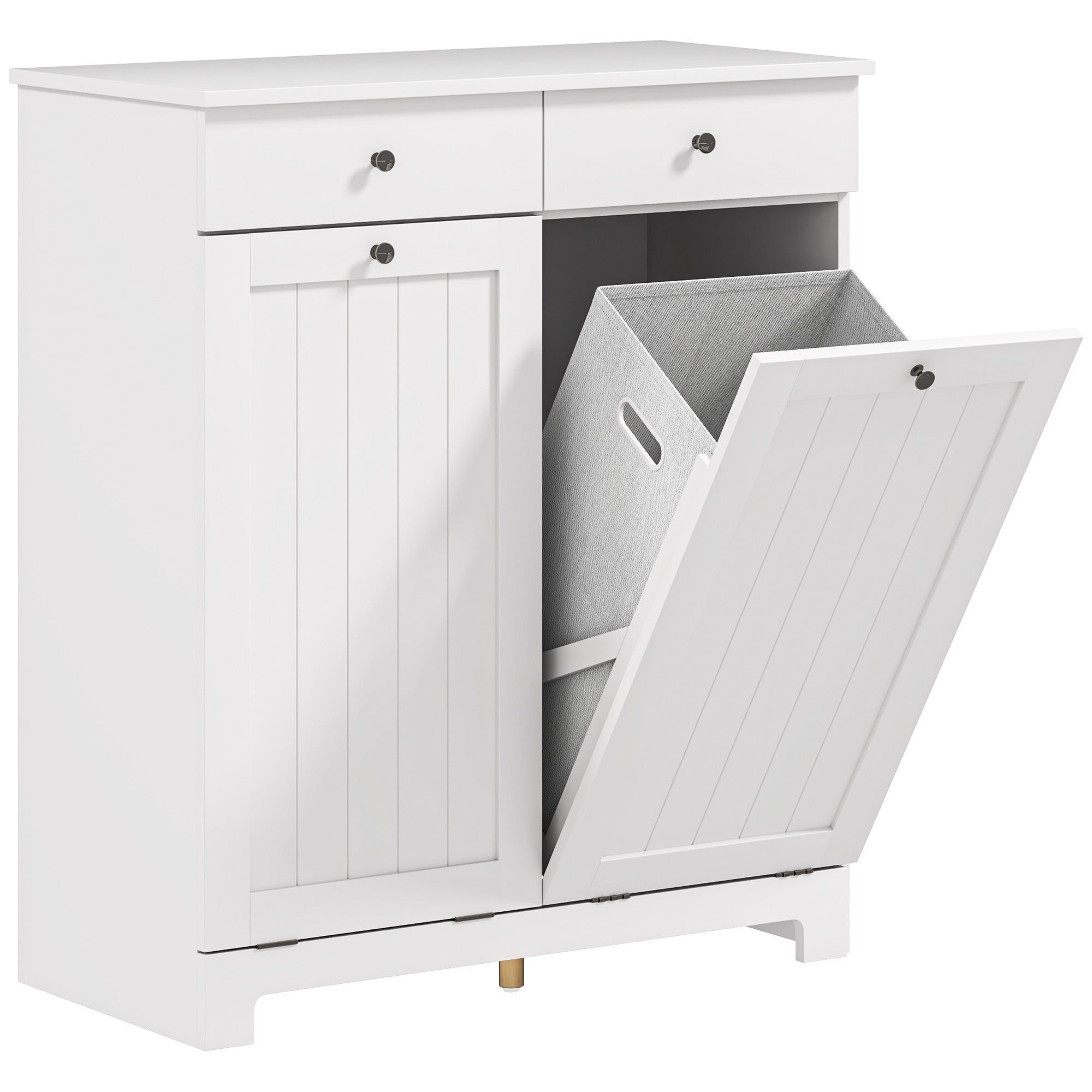 HOMCOM Laundry Cabinet, Tilt Out Double Laundry Hamper with 2 Removable Baskets and 2 Drawers, Bathroom Hamper Cabinet with 2 Beadboard Doors, White