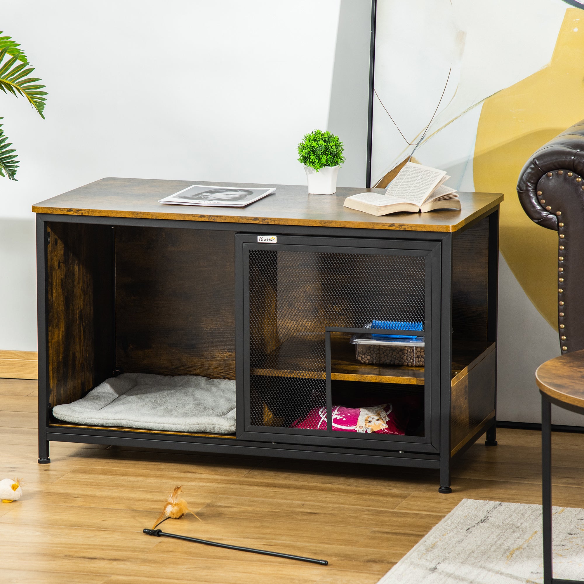 PawHut Wooden Cat Crate, Furniture Style Dog Cage, Puppy Kennel Indoor, End Table Pet House with Cushion and Sliding Doors, Rustic Brown
