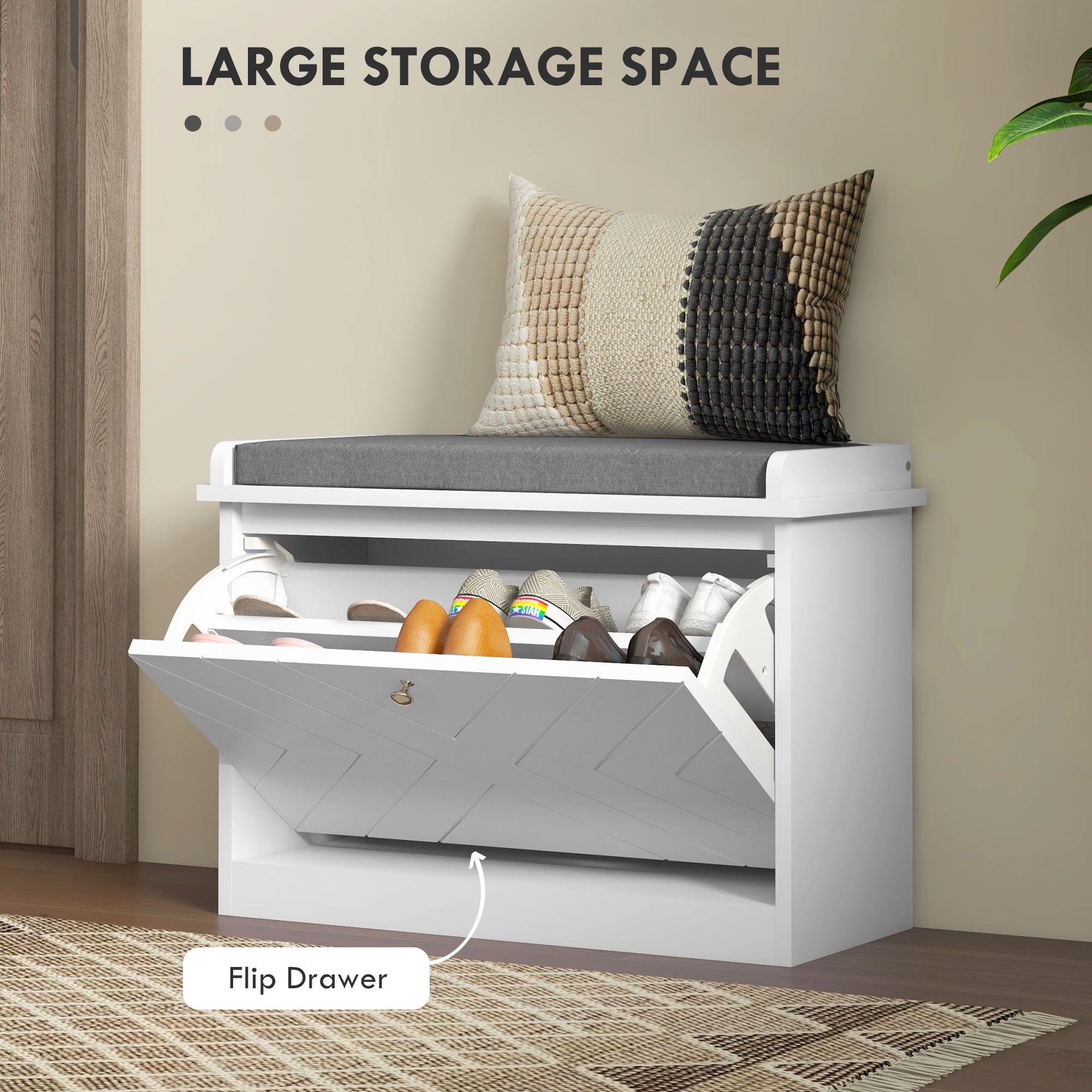 HOMCOM Shoe Bench, Entryway Bench with Flip Drawer, Seating Cushion and Adjustable Shelf for 3-6 Pairs of Shoes for Hallway, White