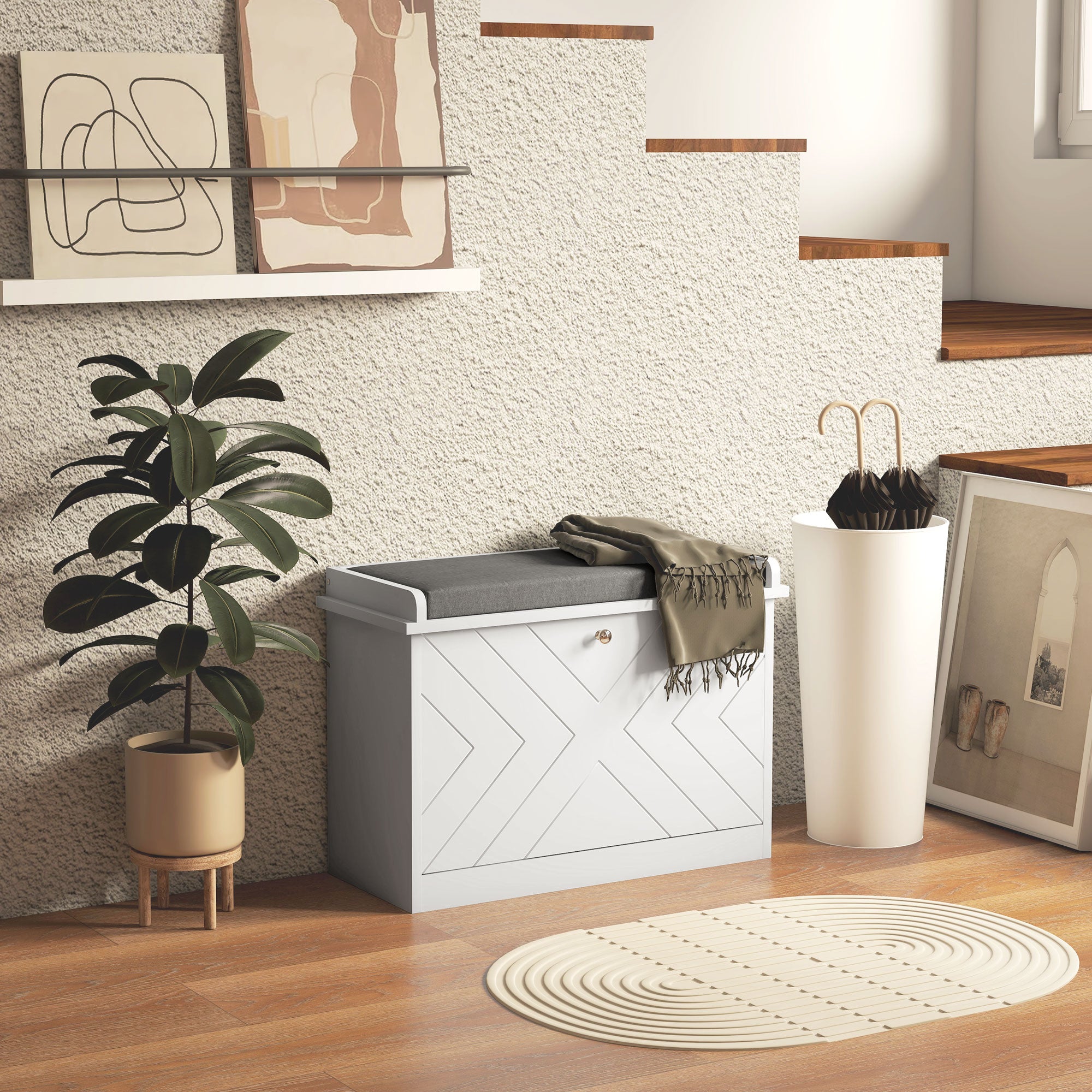 HOMCOM Shoe Bench, Entryway Bench with Flip Drawer, Seating Cushion and Adjustable Shelf for 3-6 Pairs of Shoes for Hallway, White