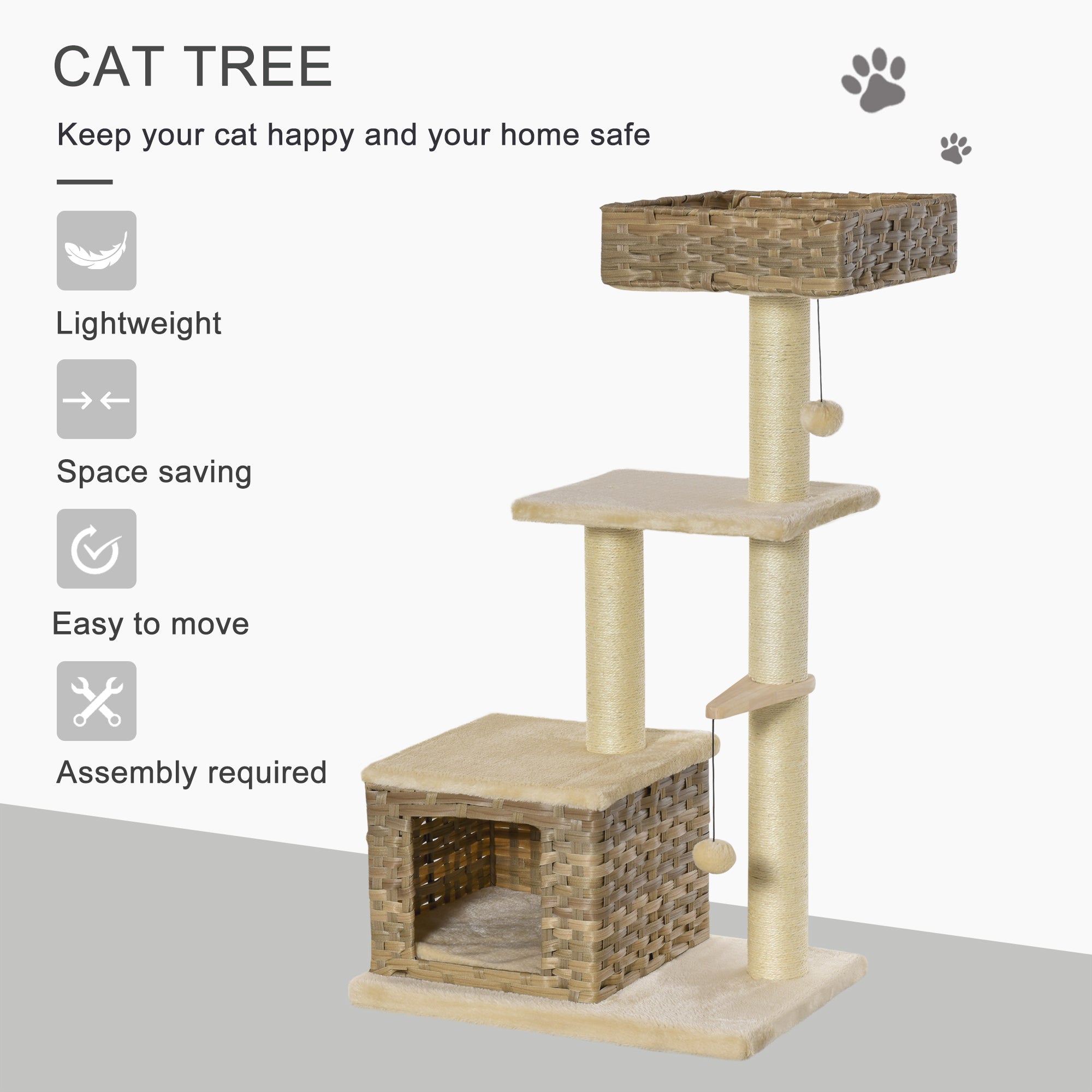 PawHut Cat Tree Tower for Indoor Cats 109cm Climbing Activity Centre Kitten with Sisal Scratching Post Rattan Condo Perch Hanging Balls Toy