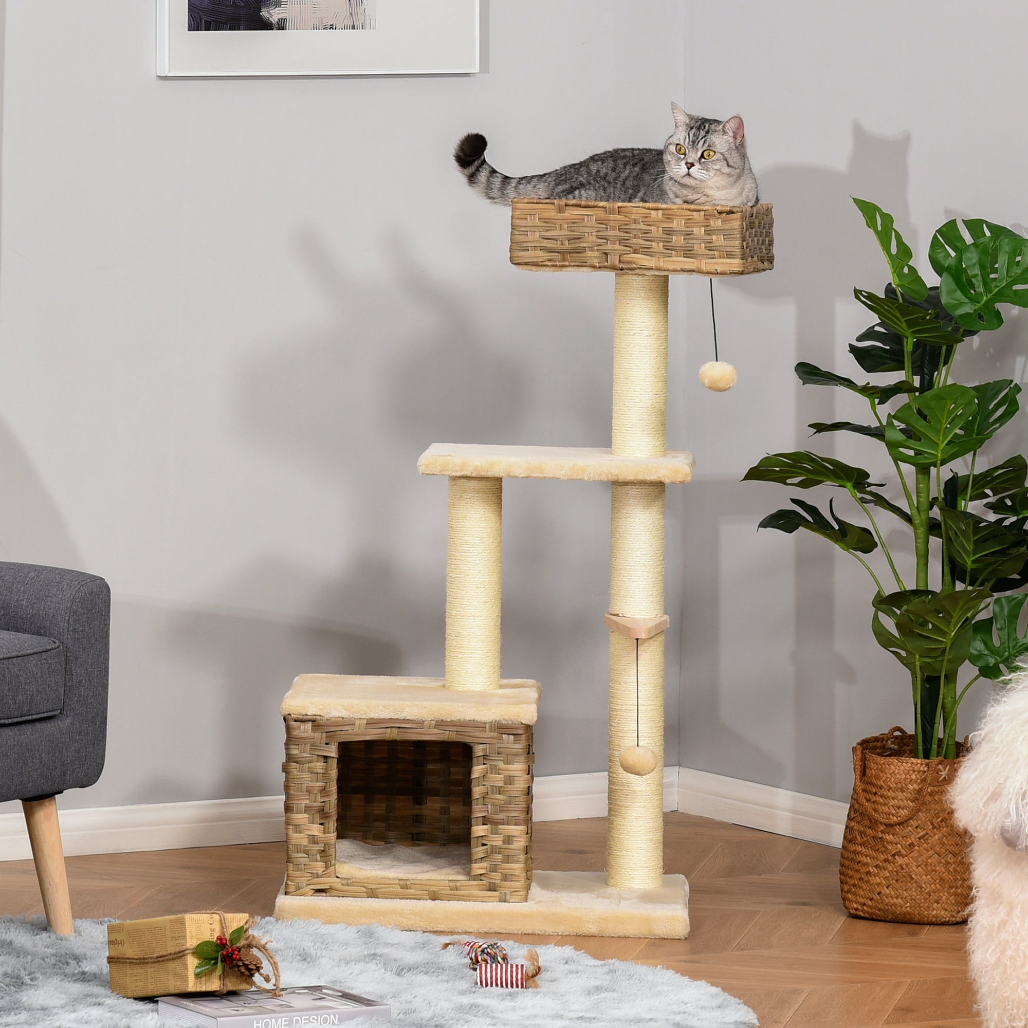 PawHut Cat tree Tower Climbing Kitten Activity Center Furniture with Sisal Scratching Post Rattan Condo Perch Hanging Balls 23.5" x 15.75" x 43"