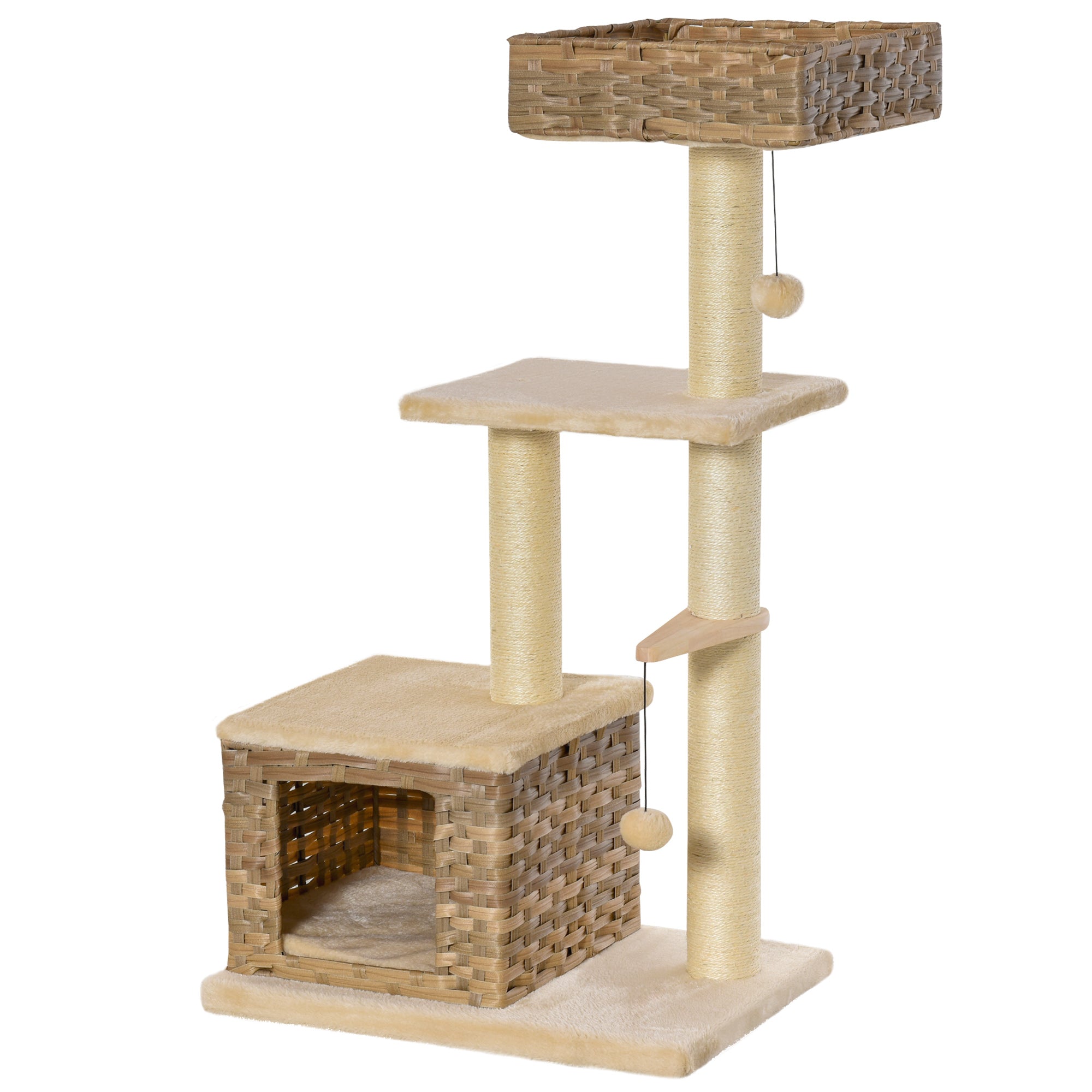 PawHut Cat tree Tower Climbing Kitten Activity Center Furniture with Sisal Scratching Post Rattan Condo Perch Hanging Balls 23.5" x 15.75" x 43"