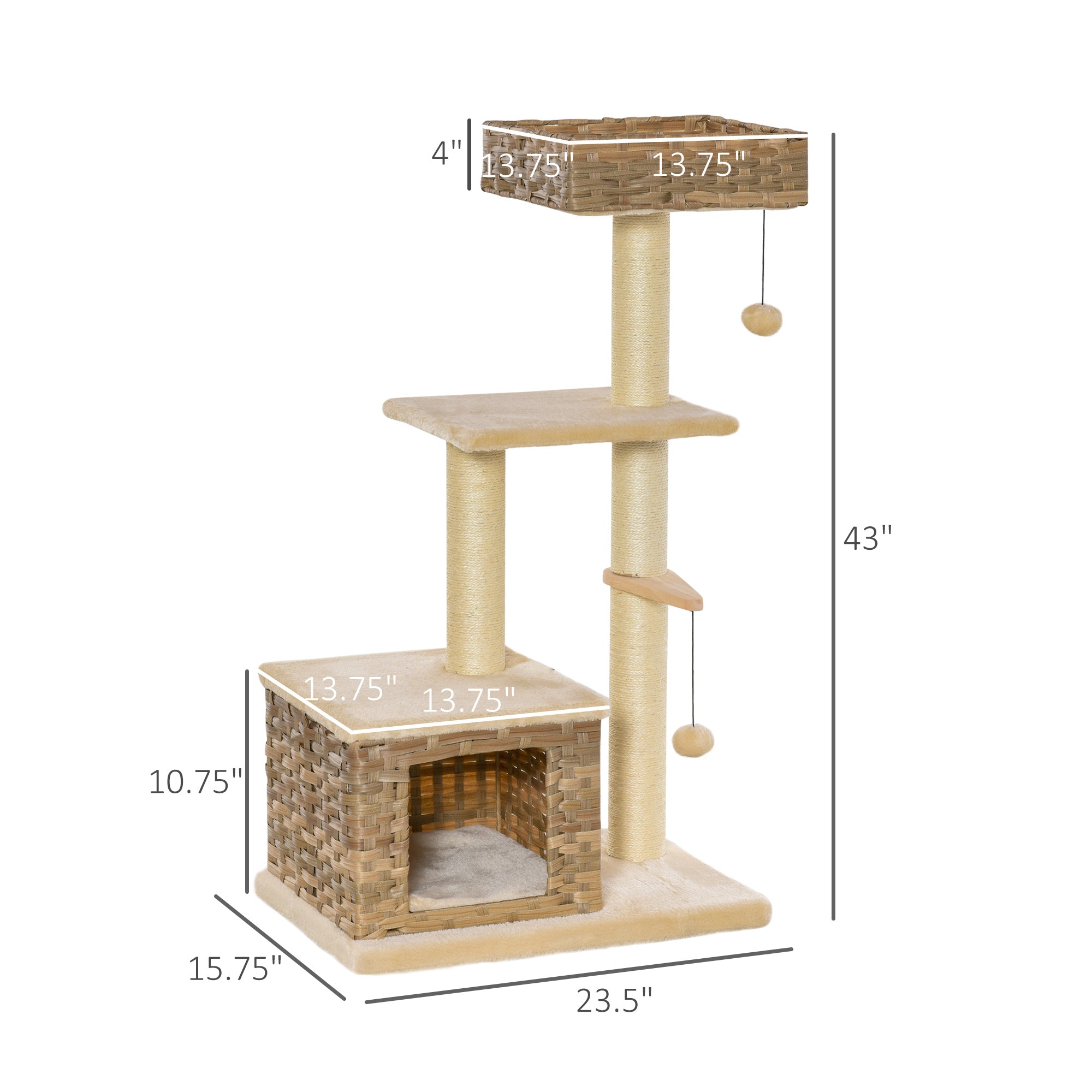 PawHut Cat tree Tower Climbing Kitten Activity Center Furniture with Sisal Scratching Post Rattan Condo Perch Hanging Balls 23.5" x 15.75" x 43"
