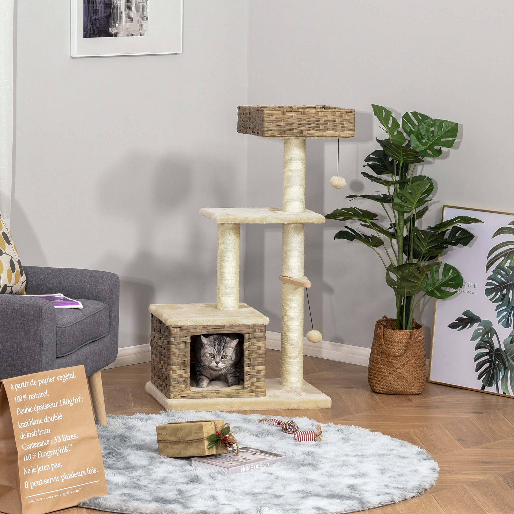 PawHut Cat tree Tower Climbing Kitten Activity Center Furniture with Sisal Scratching Post Rattan Condo Perch Hanging Balls 23.5" x 15.75" x 43"