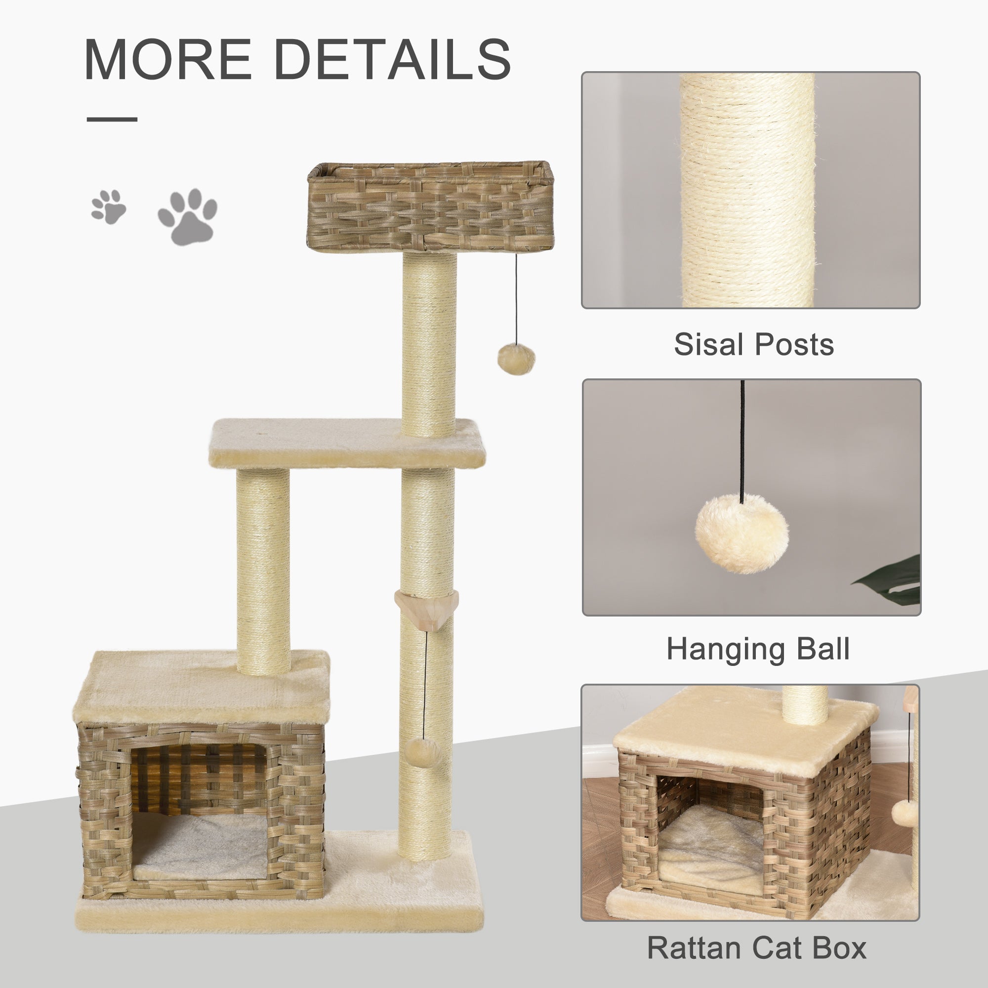 PawHut Cat tree Tower Climbing Kitten Activity Center Furniture with Sisal Scratching Post Rattan Condo Perch Hanging Balls 23.5" x 15.75" x 43"