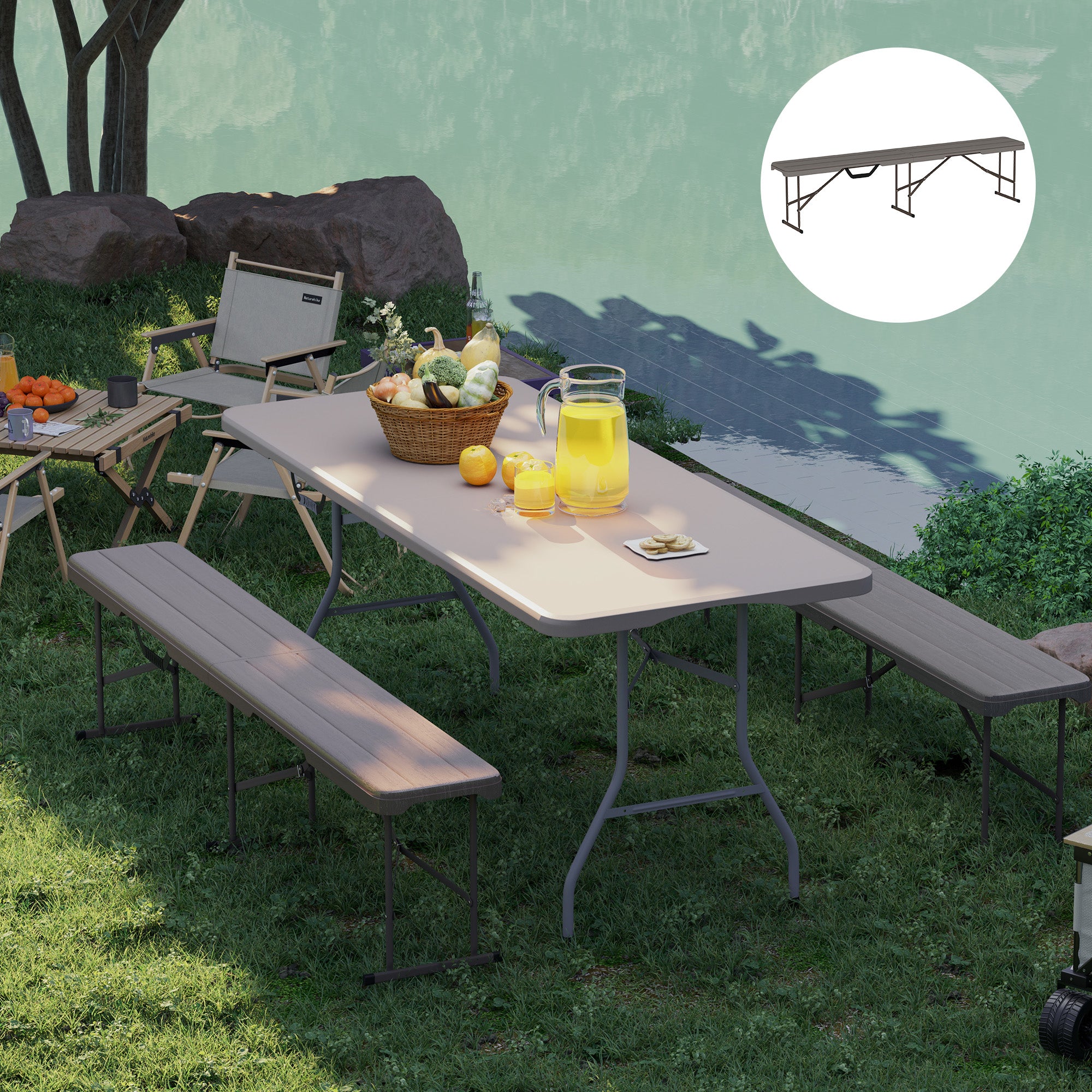 Outsunny 6 Feet Plastic Folding Bench, Portable Foldable Bench Seat with Carrying Handle, Non-Slip Mat, Waterproof Bench for Indoor Outdoor Picnic Party Camping, Distressed Brown
