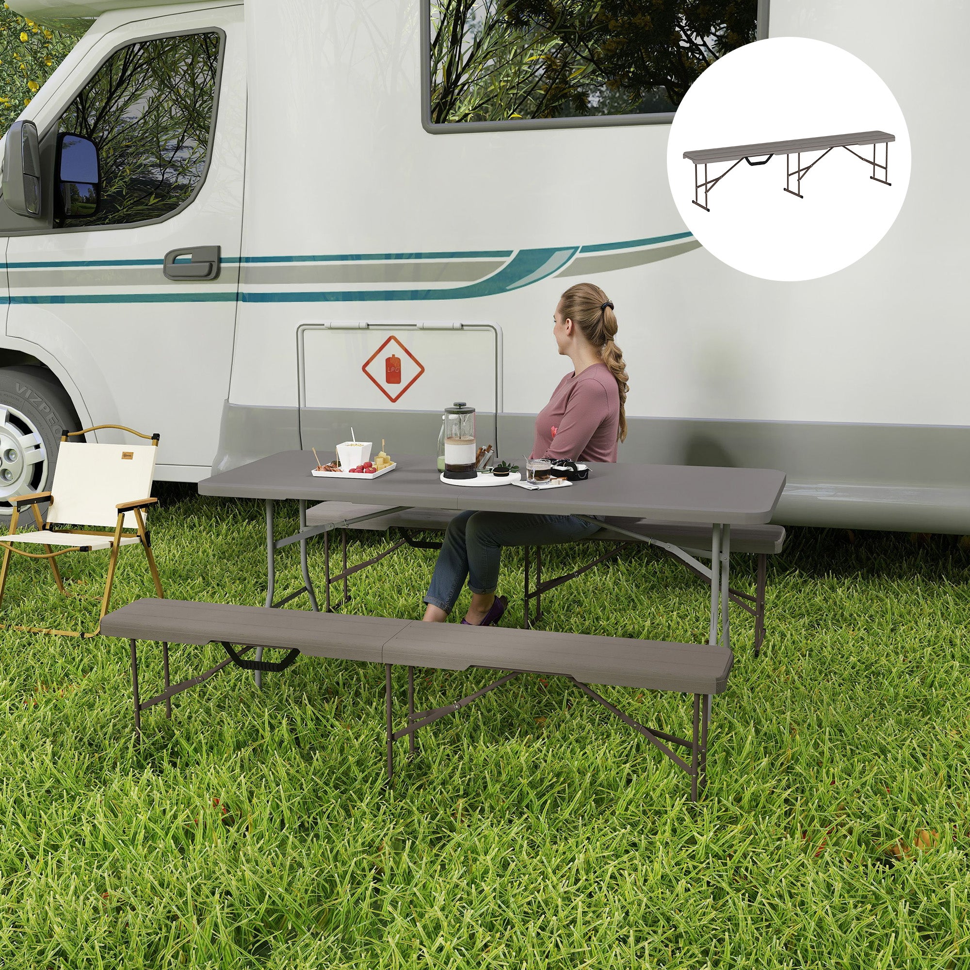Outsunny 6 Feet Plastic Folding Bench, Portable Foldable Bench Seat with Carrying Handle, Non-Slip Mat, Waterproof Bench for Indoor Outdoor Picnic Party Camping, Distressed Brown