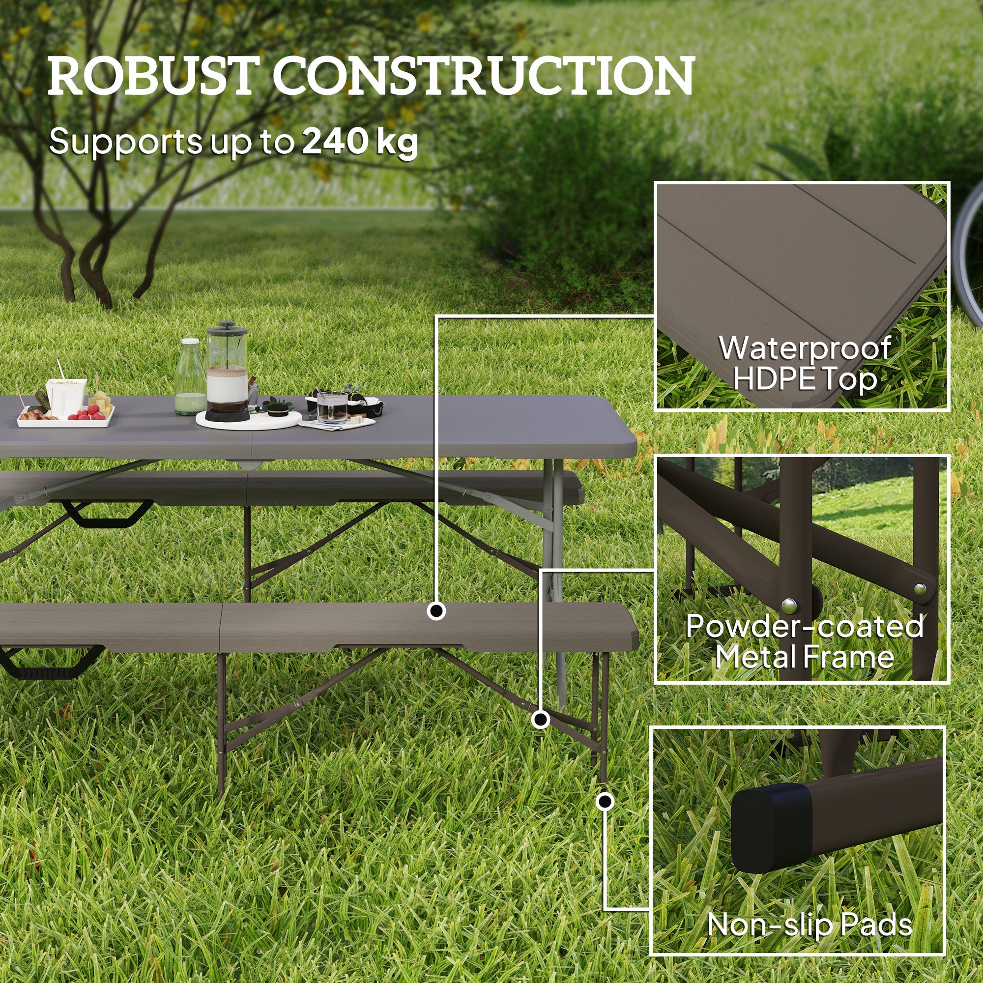 Outsunny 6 Feet Plastic Folding Bench, Portable Foldable Bench Seat with Carrying Handle, Non-Slip Mat, Waterproof Bench for Indoor Outdoor Picnic Party Camping, Distressed Brown