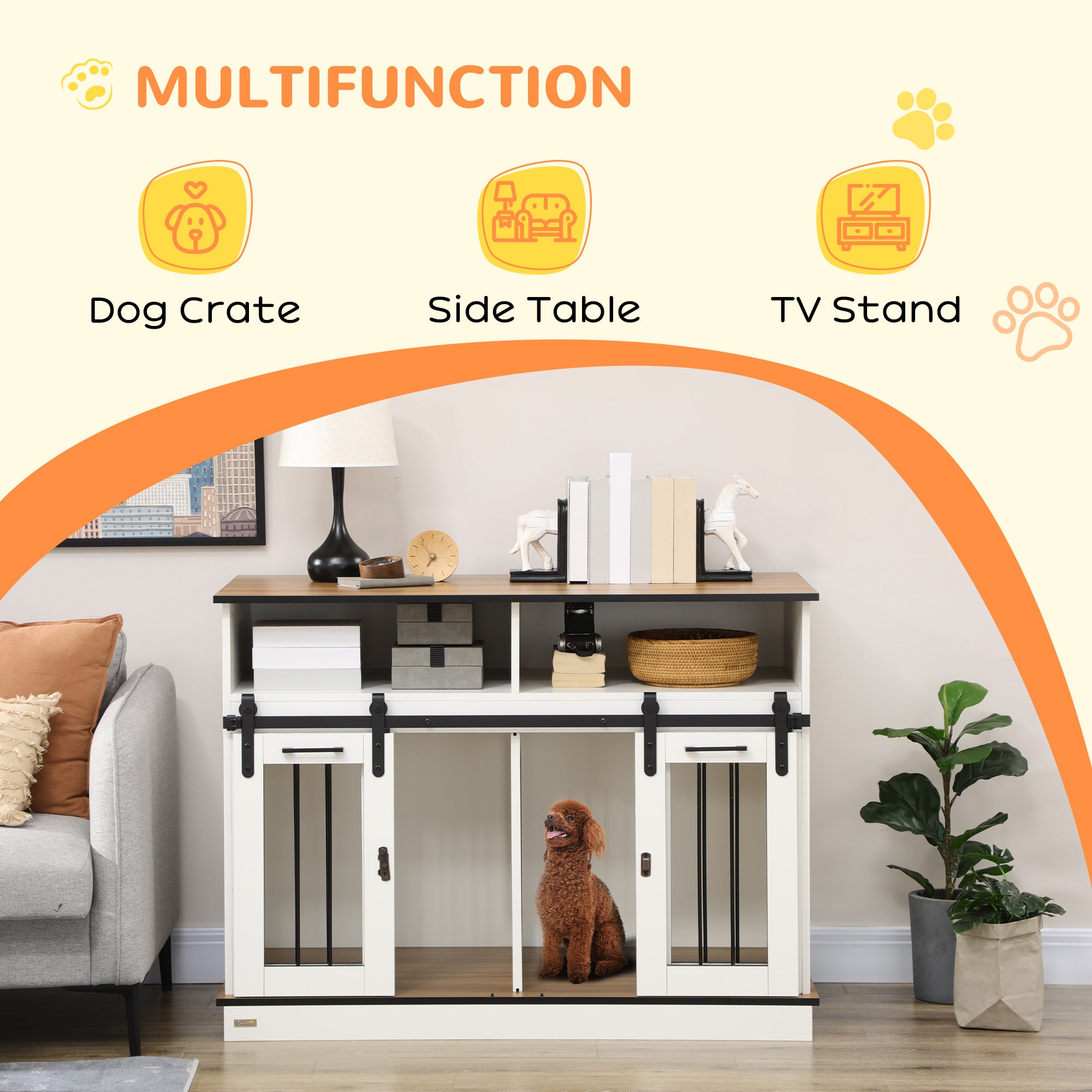 PawHut Dog Crate Furniture for Small and Large Dogs w/ Movable Divider, Dog Cage End Table with Shelves, Sliding Doors, 120 x 60 x 88.5cm, White