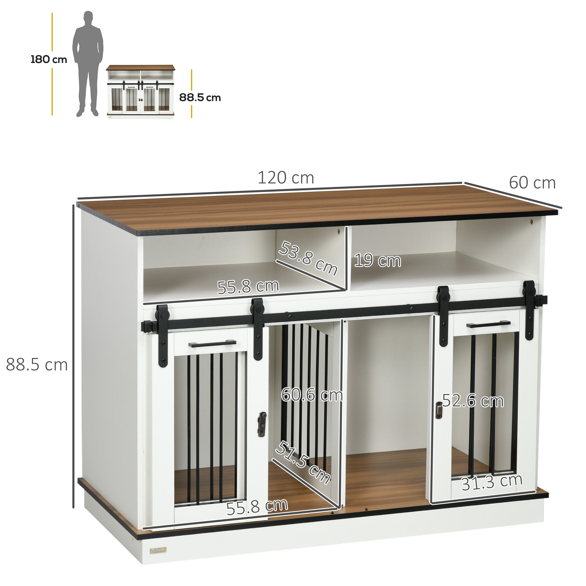PawHut Dog Crate Furniture for Small and Large Dogs w/ Movable Divider, Dog Cage End Table with Shelves, Sliding Doors, 120 x 60 x 88.5cm, White
