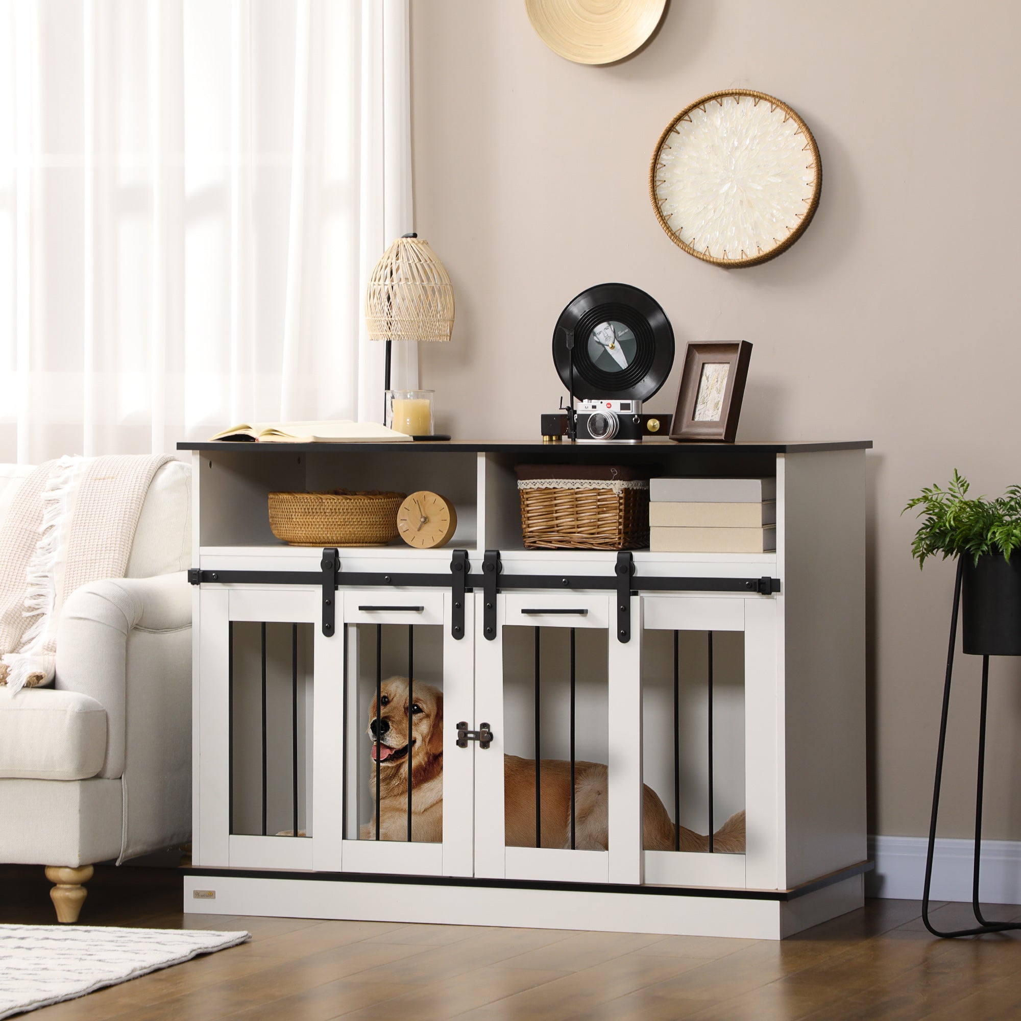 PawHut Dog Crate Furniture for Small and Large Dogs w/ Movable Divider, Dog Cage End Table with Shelves, Sliding Doors, 120 x 60 x 88.5cm, White