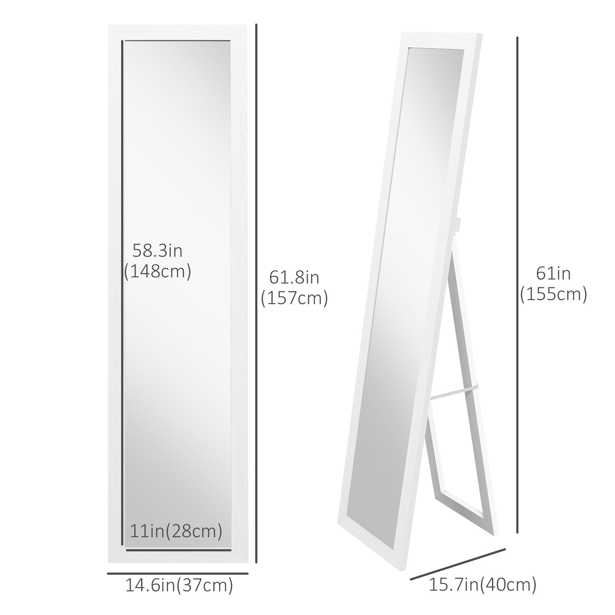 HOMCOM 61" x 15" Full Length Mirror, Floor Standing Mirror, Rectangular Full Body Mirror for Bedroom, Living Room, White