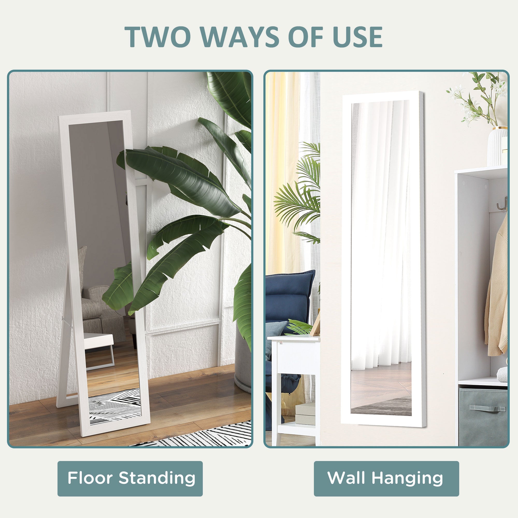HOMCOM 61" x 15" Full Length Mirror, Floor Standing Mirror, Rectangular Full Body Mirror for Bedroom, Living Room, White