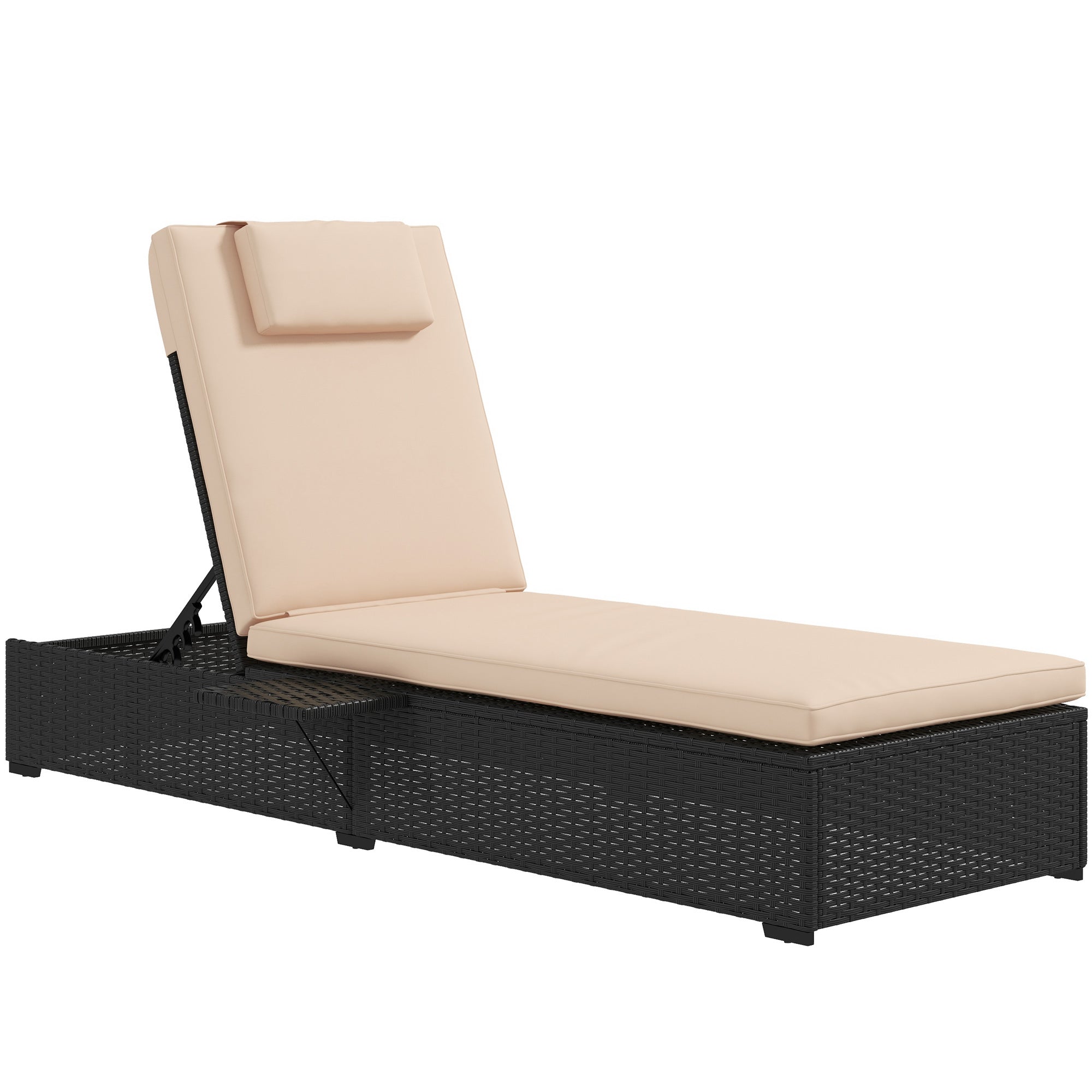 Outsunny Outdoor Patio Lounger with Cushion, 5-Level Reclining Wicker Chaise Lounge Chair with Tea Tray, for Poolside, Patio, Deck, 264lb Weight Capacity, Beige