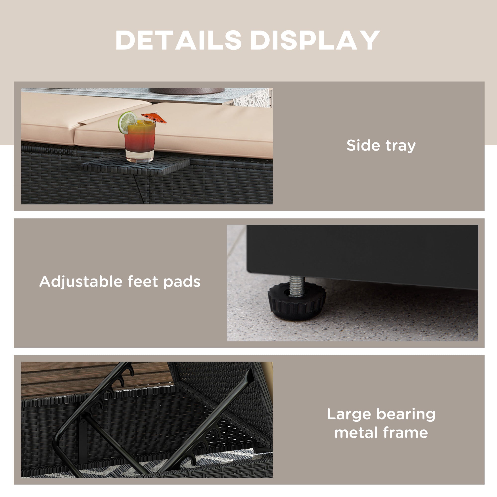 Outsunny Outdoor Patio Lounger with Cushion, 5-Level Reclining Wicker Chaise Lounge Chair with Tea Tray, for Poolside, Patio, Deck, 264lb Weight Capacity, Beige