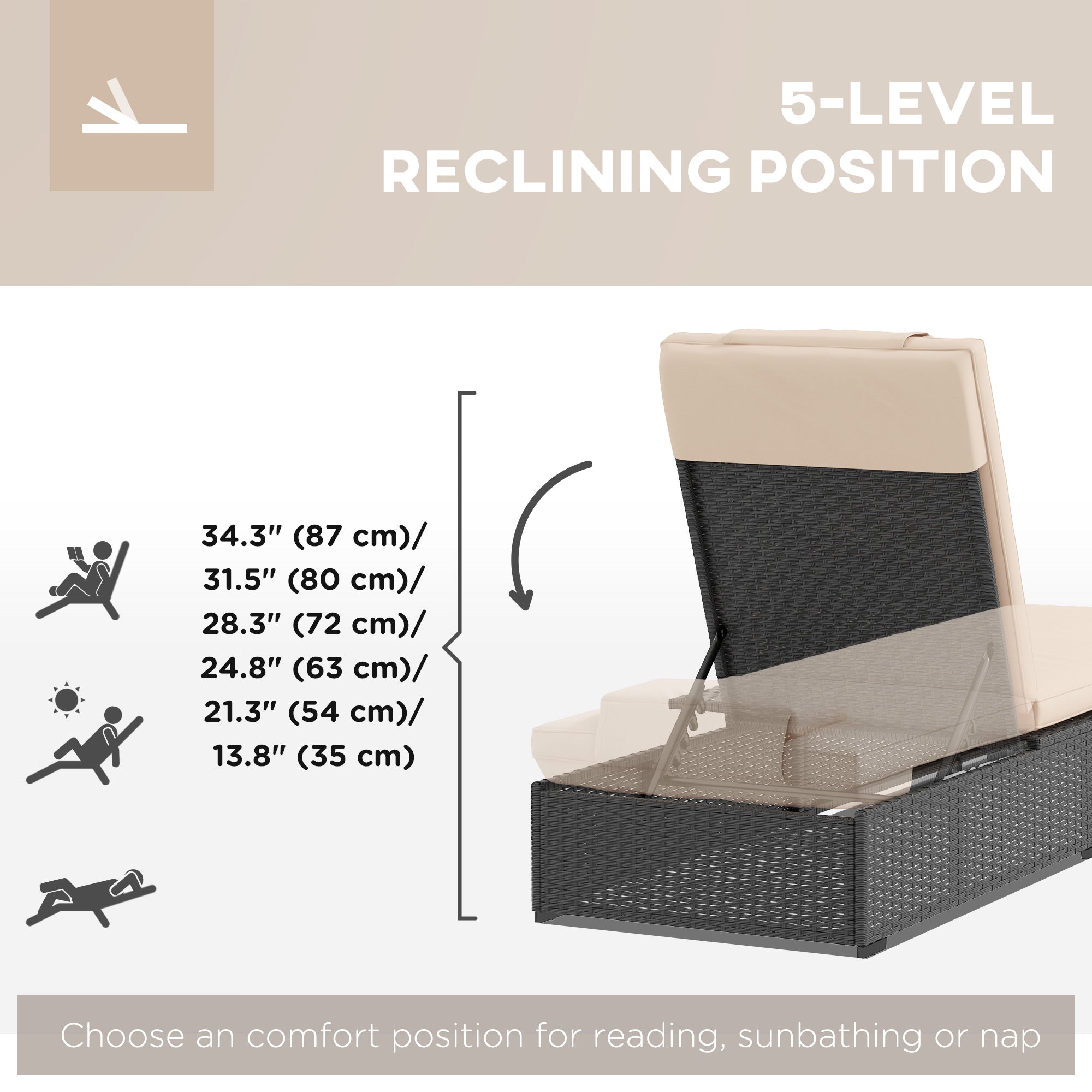 Outsunny Outdoor Patio Lounger with Cushion, 5-Level Reclining Wicker Chaise Lounge Chair with Tea Tray, for Poolside, Patio, Deck, 264lb Weight Capacity, Beige