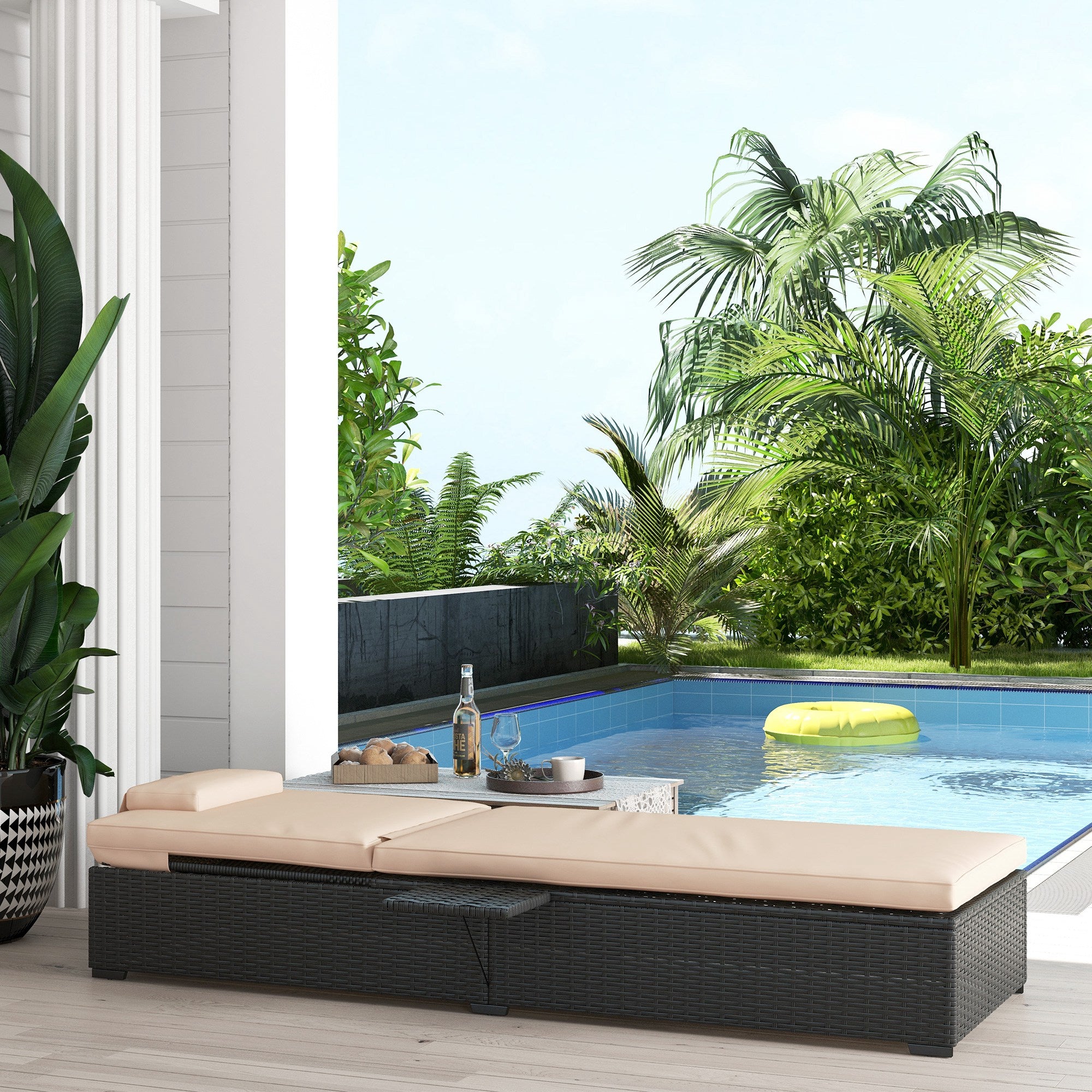 Outsunny Outdoor Patio Lounger with Cushion, 5-Level Reclining Wicker Chaise Lounge Chair with Tea Tray, for Poolside, Patio, Deck, 264lb Weight Capacity, Beige