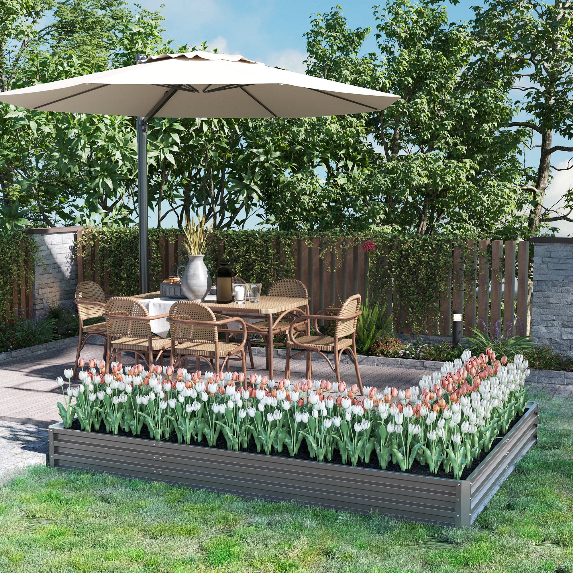 Outsunny L-Shaped Raised Garden Bed, 82" x 109" x 12" Galvanized Steel Planter Box with Multi-reinforced Rods for Vegetables, Flowers and Herbs, Dark Grey