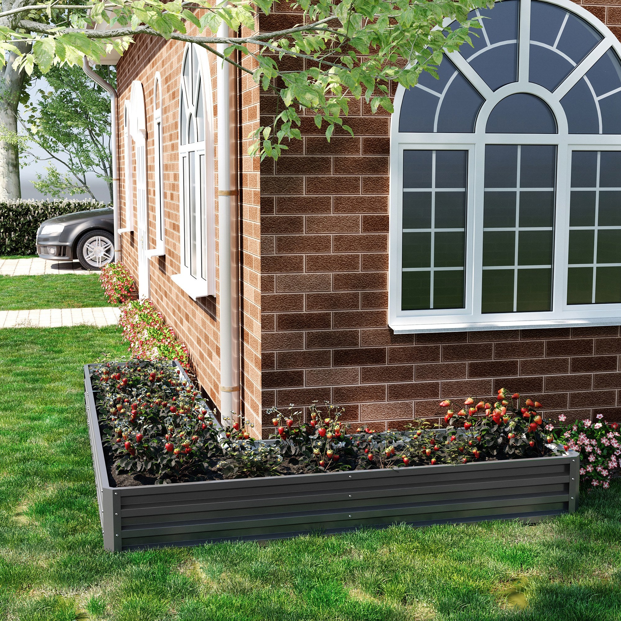 Outsunny L-Shaped Raised Garden Bed, 82" x 109" x 12" Galvanized Steel Planter Box with Multi-reinforced Rods for Vegetables, Flowers and Herbs, Dark Grey