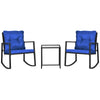 Outsunny 3 Pieces Rocking Bistro Set, Outdoor Wicker Patio Furniture with Glass Coffee Table and Outside Rocking Chairs for Porch, Conversation Sets with Thick Cushions, Blue