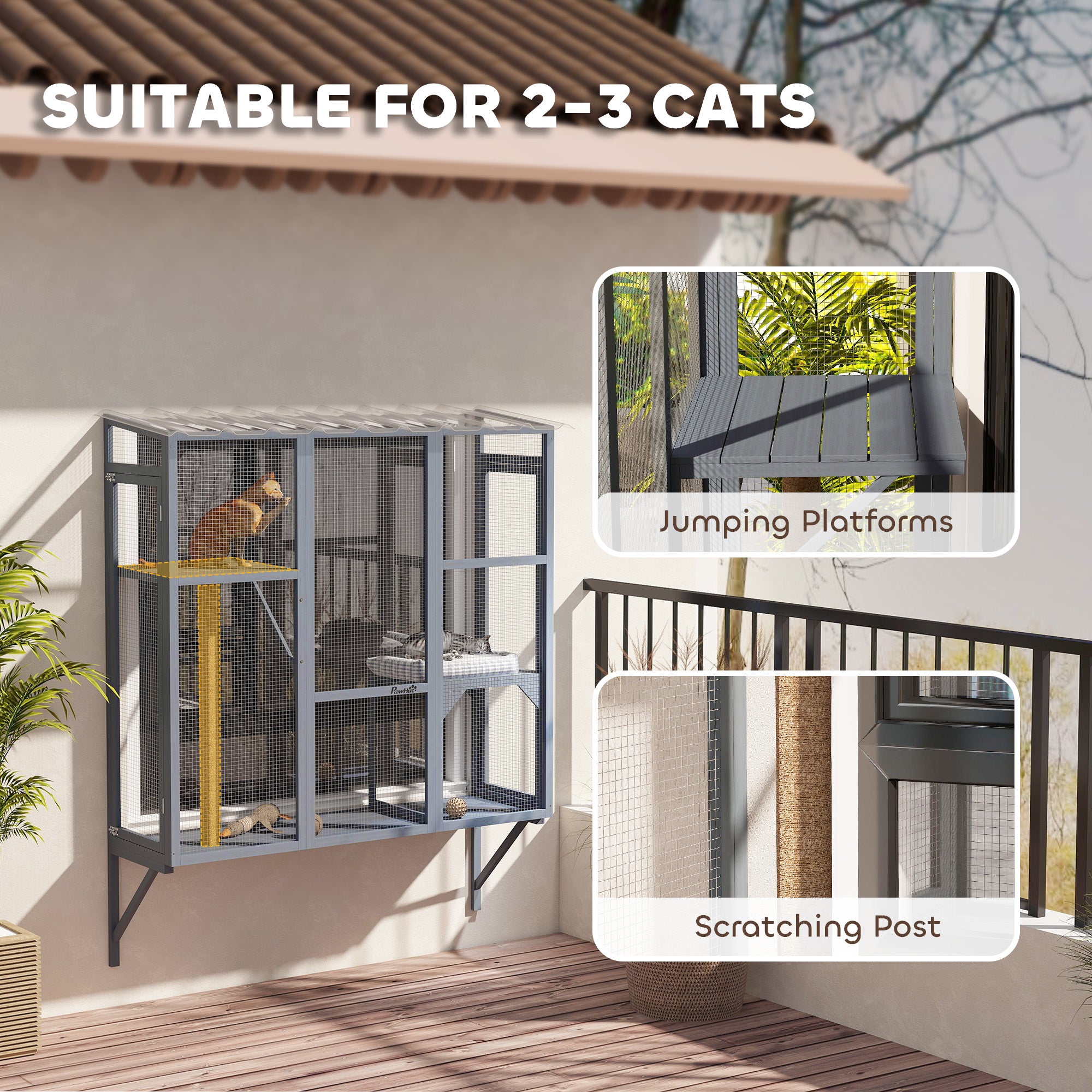 PawHut Catio Outdoor Cat Enclosure, Cat Window Box for 2-3 Cats with 2 Jumping Platforms & Scratching Post, Expendable Secure Window Perch House for Large Indoor Cats, Grey