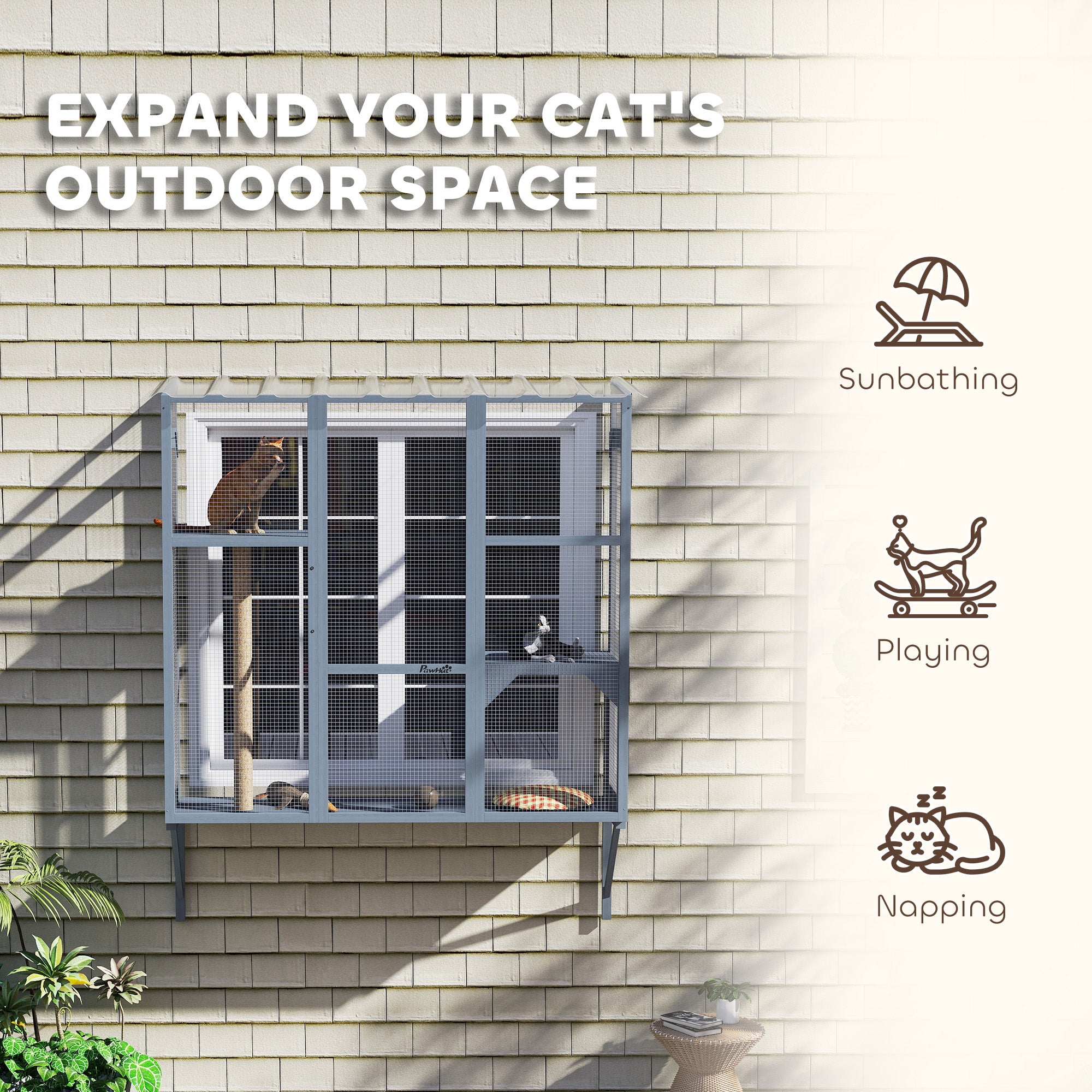 PawHut Catio Outdoor Cat Enclosure, Cat Window Box for 2-3 Cats with 2 Jumping Platforms & Scratching Post, Expendable Secure Window Perch House for Large Indoor Cats, Grey