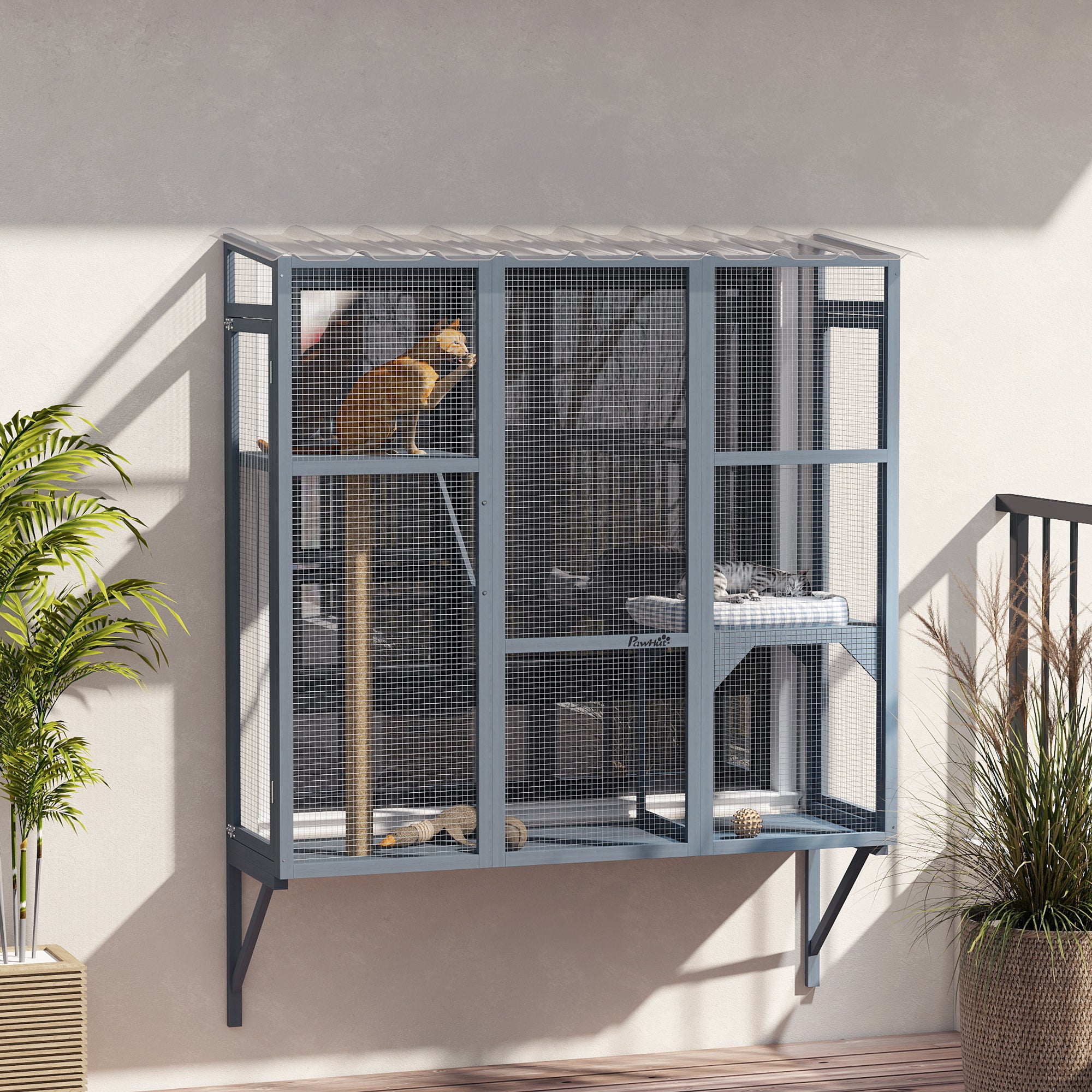 PawHut Catio Outdoor Cat Enclosure, Cat Window Box for 2-3 Cats with 2 Jumping Platforms & Scratching Post, Expendable Secure Window Perch House for Large Indoor Cats, Grey