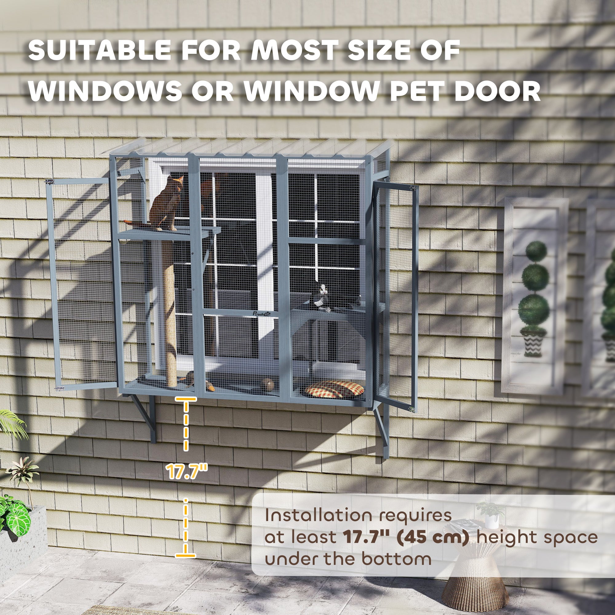 PawHut Catio Outdoor Cat Enclosure, Cat Window Box for 2-3 Cats with 2 Jumping Platforms & Scratching Post, Expendable Secure Window Perch House for Large Indoor Cats, Grey