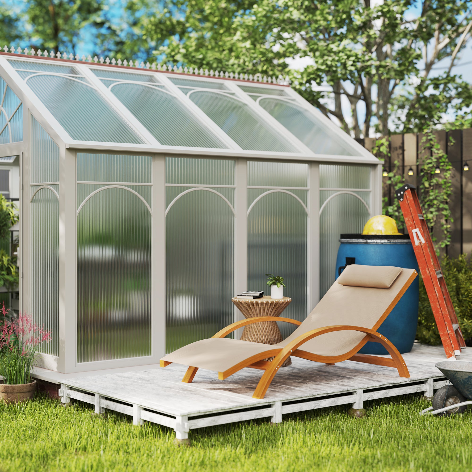 Outsunny Outdoor Lounge Chair, Patio Tanning Chair with Headrest, Garden Sun Lounger Recliner with Wood Frame, Texteline, Light Khaki