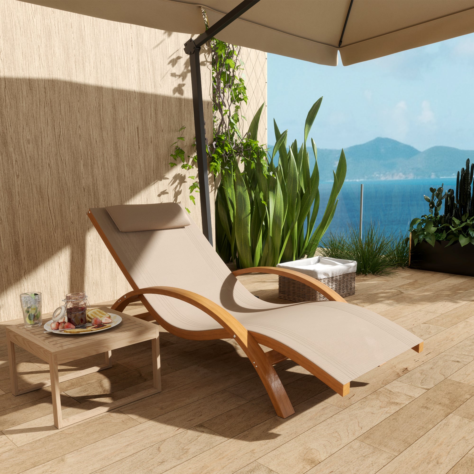 Outsunny Outdoor Lounge Chair, Patio Tanning Chair with Headrest, Garden Sun Lounger Recliner with Wood Frame, Texteline, Light Khaki