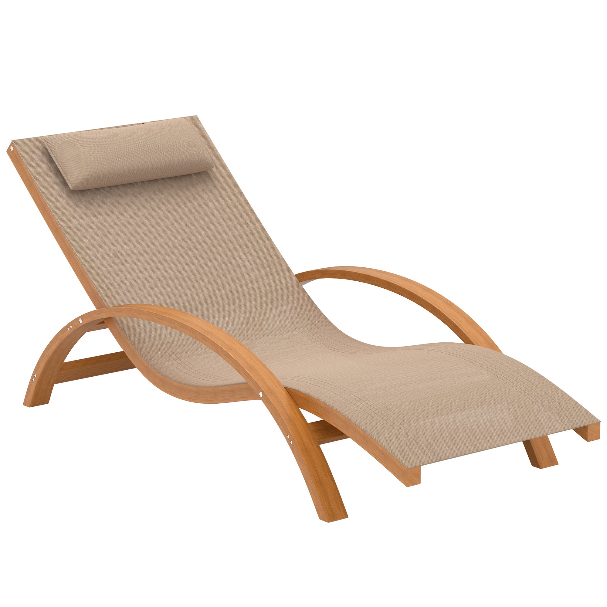 Outsunny Outdoor Lounge Chair, Patio Tanning Chair with Headrest, Garden Sun Lounger Recliner with Wood Frame, Texteline, Light Khaki