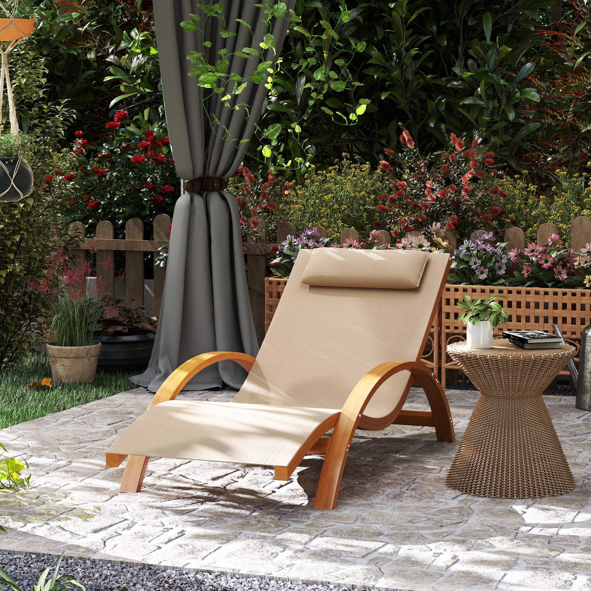 Outsunny Outdoor Lounge Chair, Patio Tanning Chair with Headrest, Garden Sun Lounger Recliner with Wood Frame, Texteline, Light Khaki