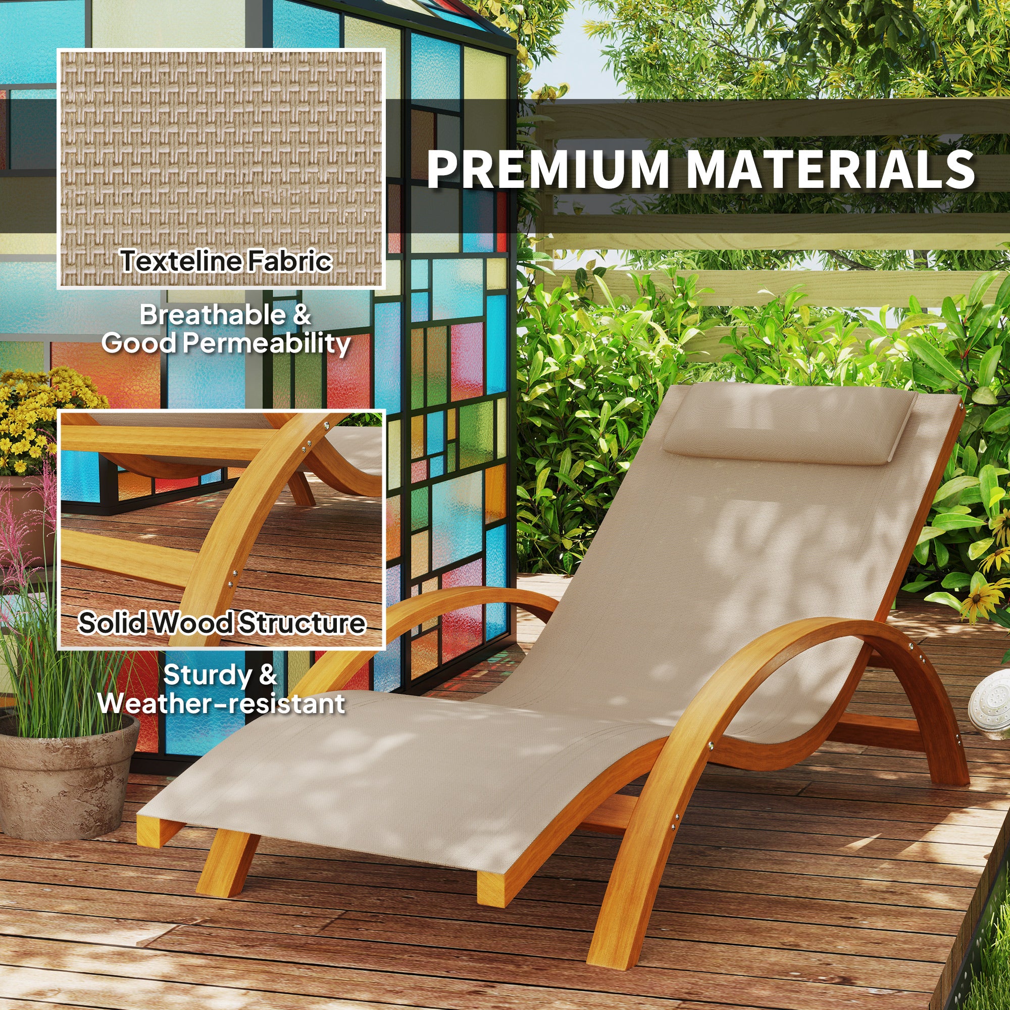 Outsunny Outdoor Lounge Chair, Patio Tanning Chair with Headrest, Garden Sun Lounger Recliner with Wood Frame, Texteline, Light Khaki