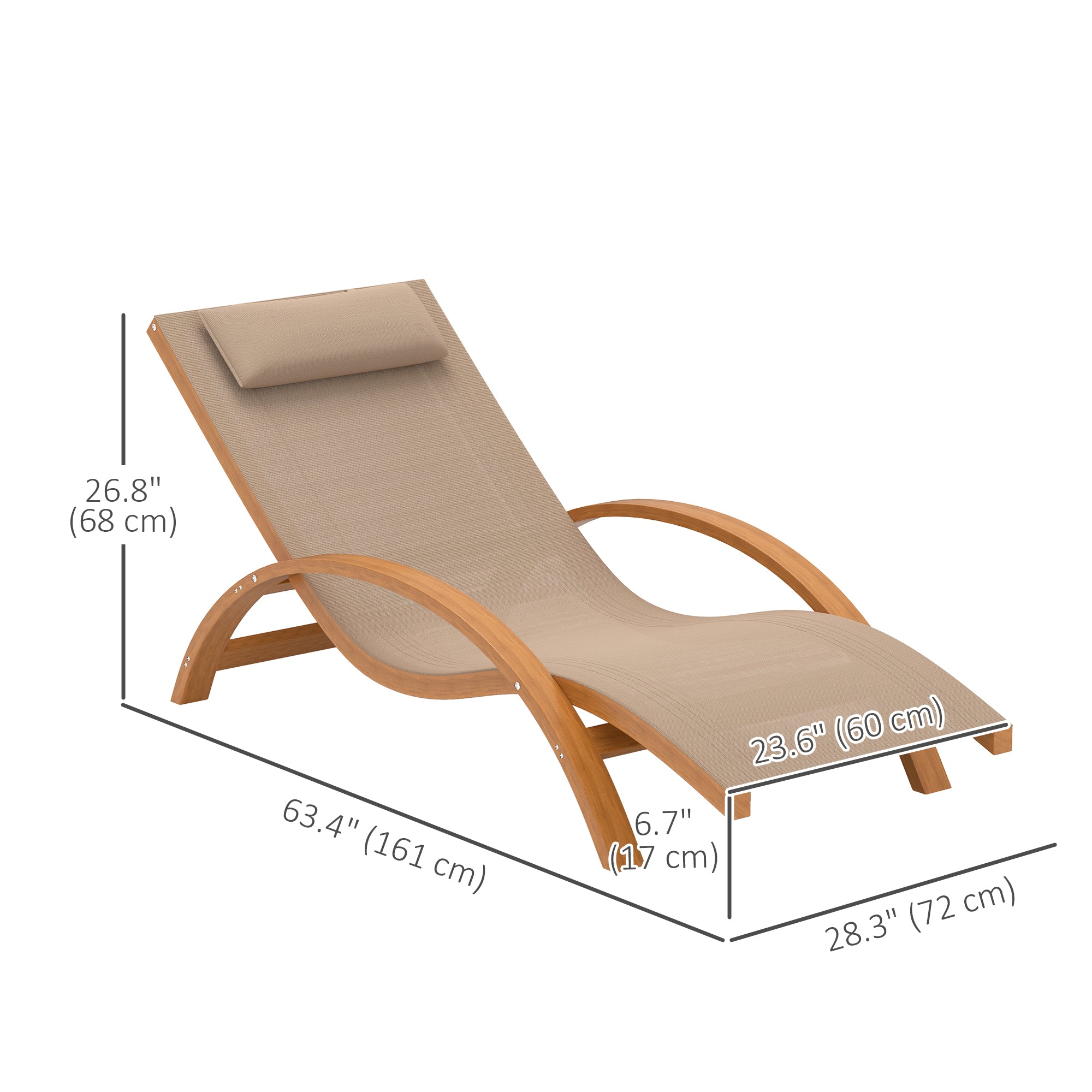 Outsunny Outdoor Lounge Chair, Patio Tanning Chair with Headrest, Garden Sun Lounger Recliner with Wood Frame, Texteline, Light Khaki