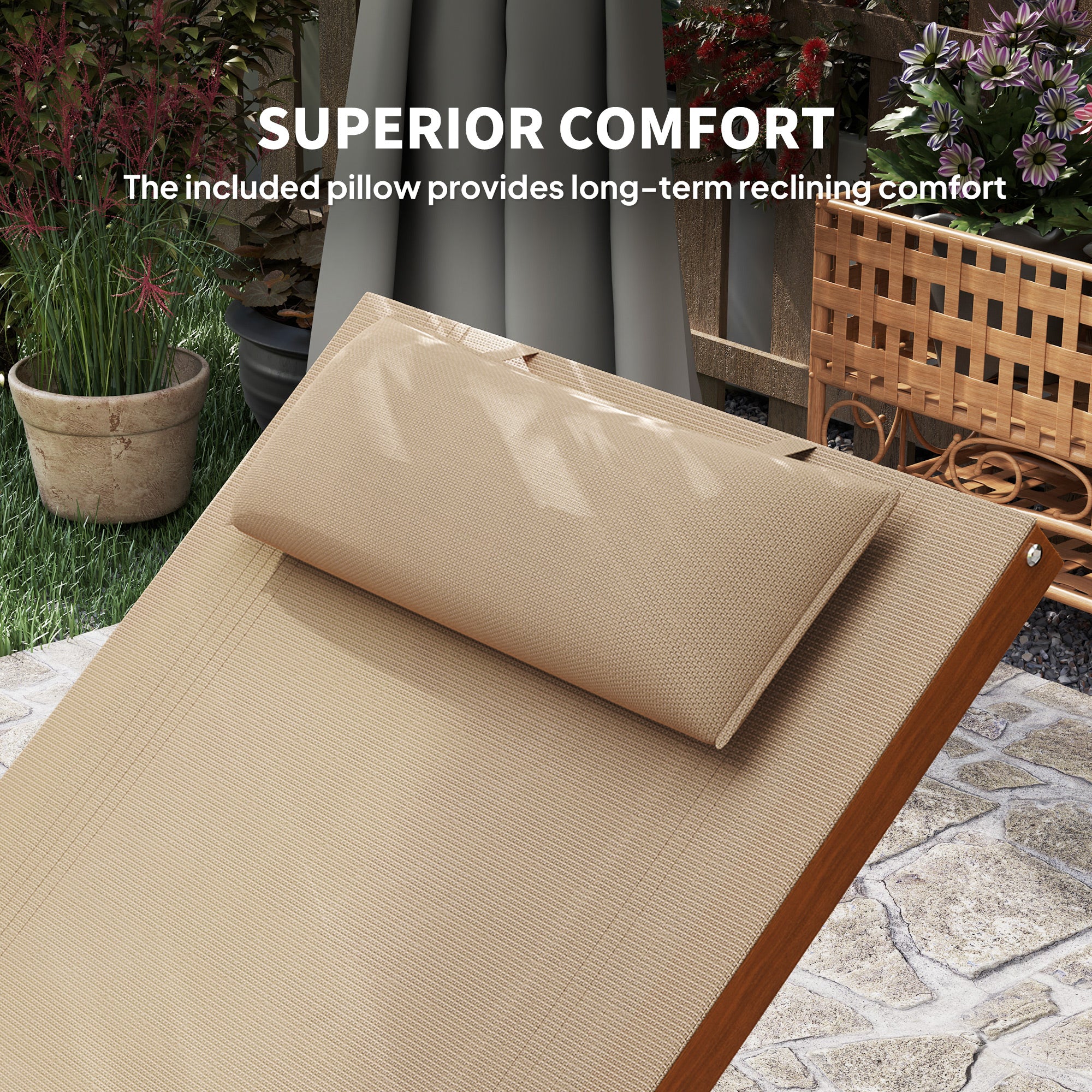 Outsunny Outdoor Lounge Chair, Patio Tanning Chair with Headrest, Garden Sun Lounger Recliner with Wood Frame, Texteline, Light Khaki