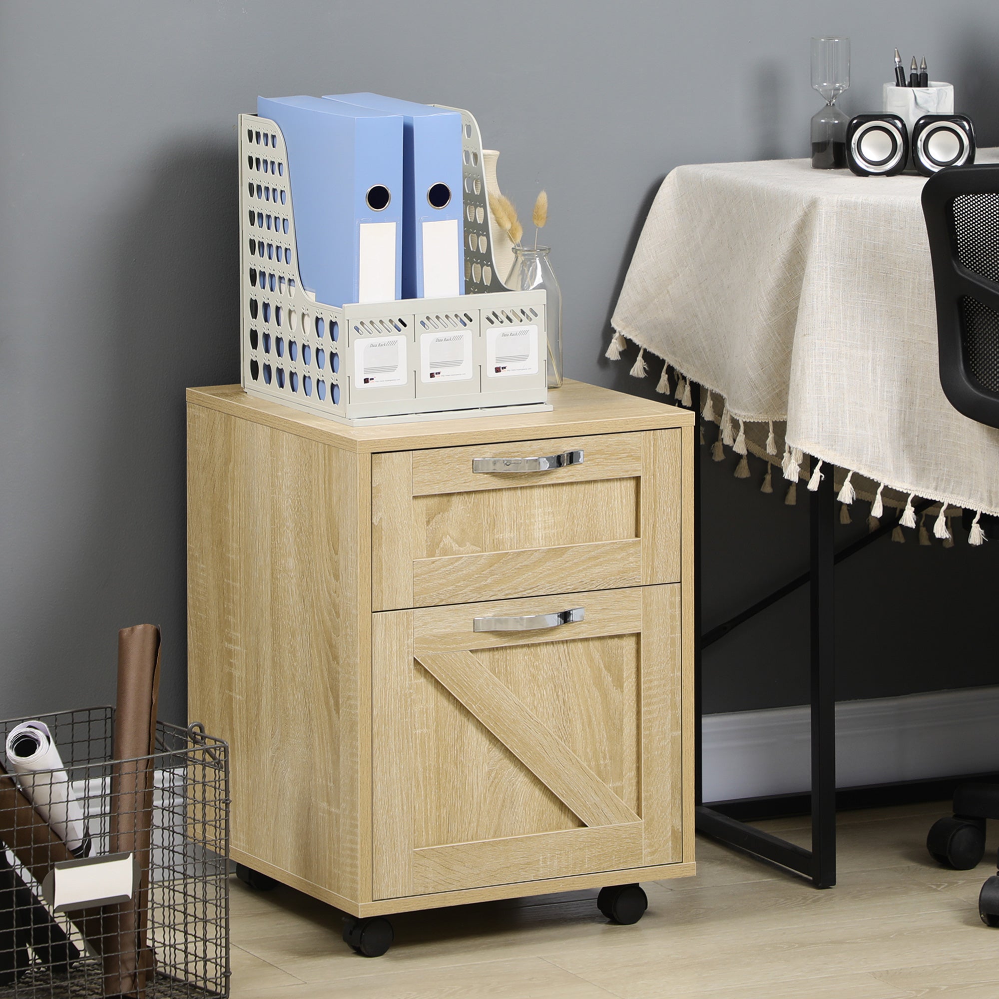 Vinsetto Farmhouse Vertical Filing Cabinet, 2 Drawers File Cabinet with Hanging Bars for Letter and A4 Size, Rolling Printer Stand for Home Office, Natural